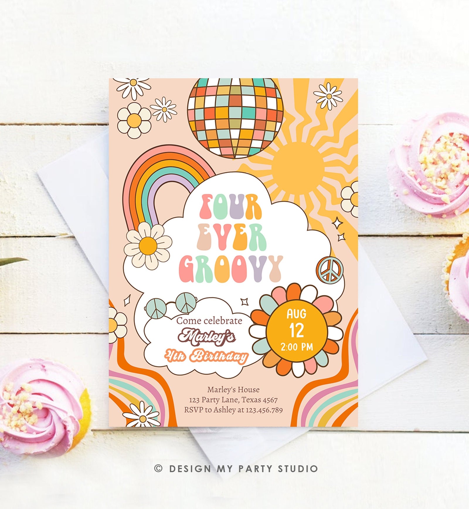 Editable Four ever Groovy Birthday Invitation 4th Birthday Retro Rainbow Peace Love Party Four Digital Download Template Printable 0459