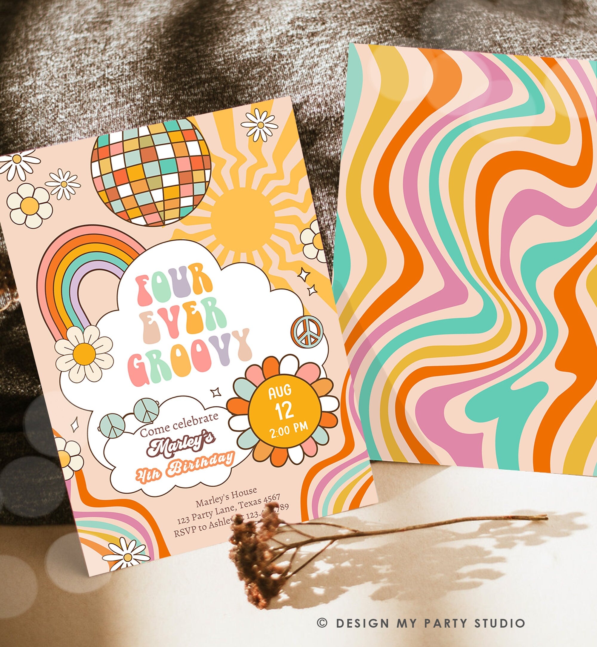 Editable Four ever Groovy Birthday Invitation 4th Birthday Retro Rainbow Peace Love Party Four Digital Download Template Printable 0459