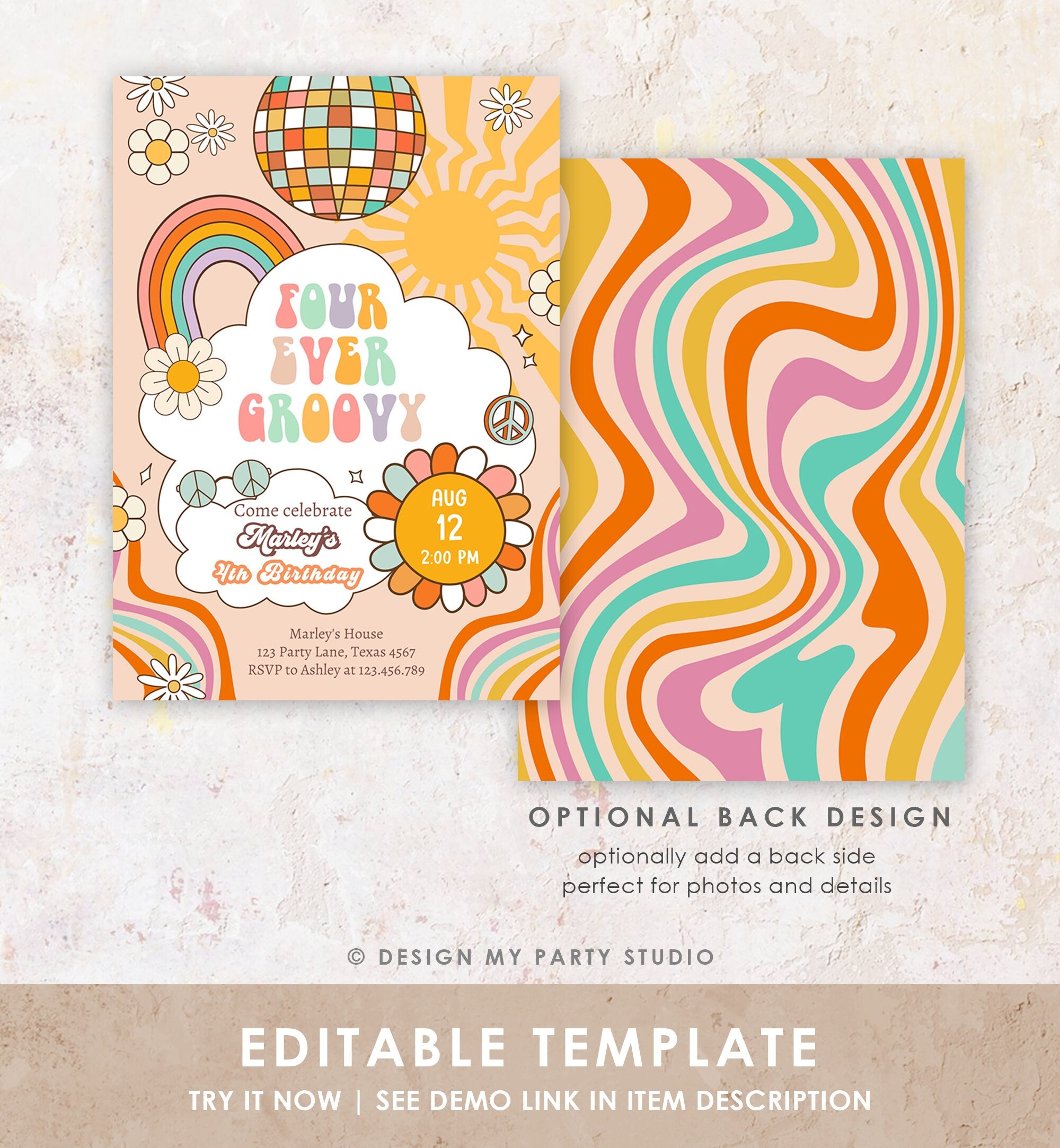 Editable Four ever Groovy Birthday Invitation 4th Birthday Retro Rainbow Peace Love Party Four Digital Download Template Printable 0459