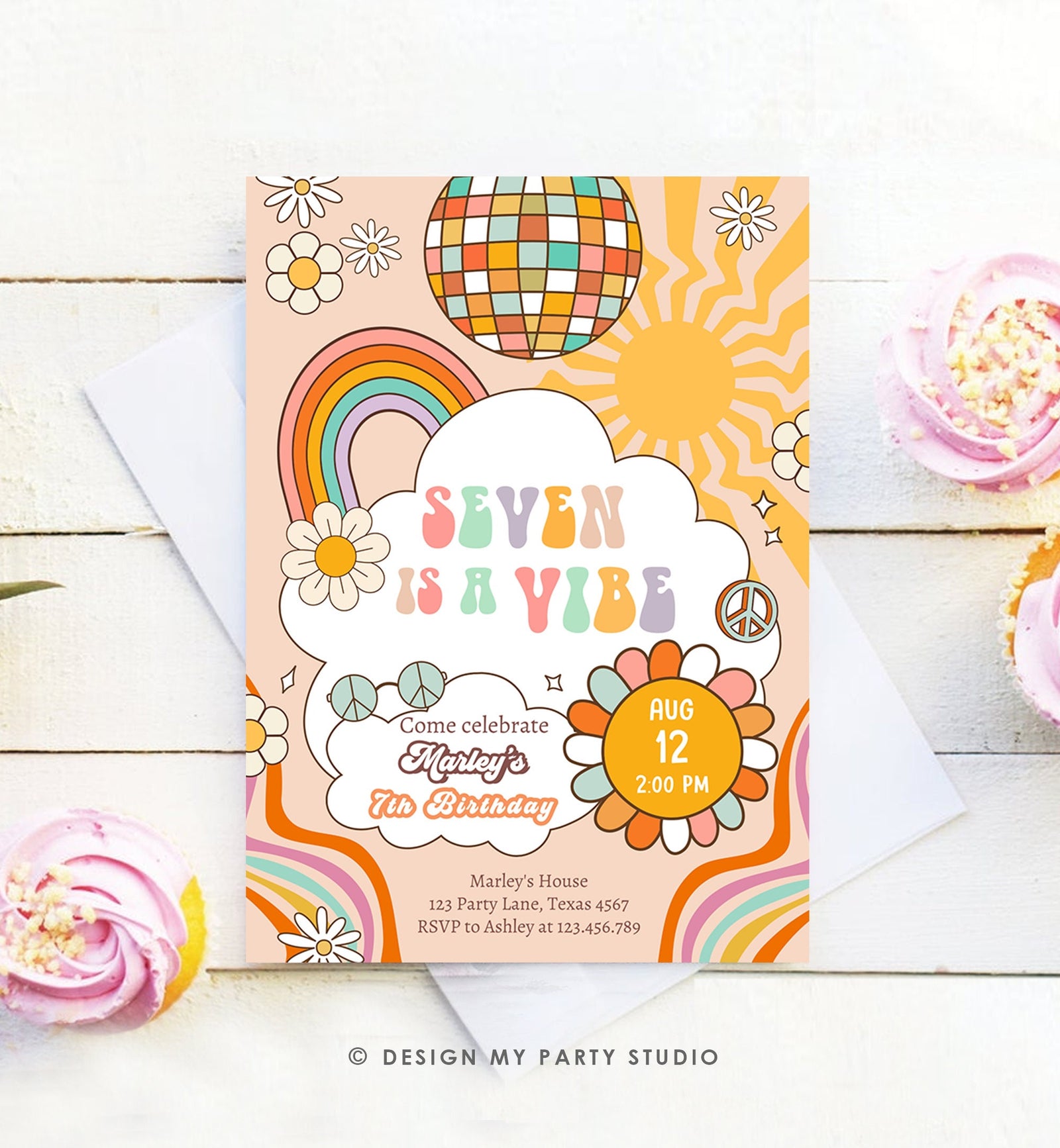 Editable Seven Is A Vibe Groovy Birthday Invitation 7th Birthday Retro Invite Rainbow Peace Love Party Download Template Corjl Digital 0459