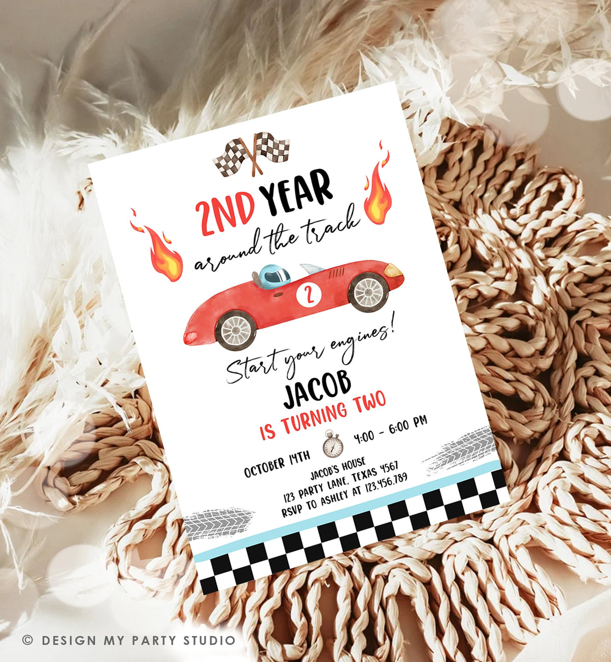 Editable 2nd Year Around the Track Birthday Invitation Boy Red Two Fast Party Race Car Second Birthday Racing Corjl Template Printable 0424