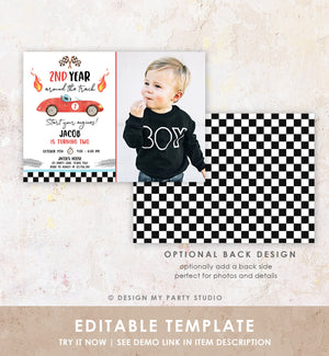 Editable 2nd Year Around the Track Birthday Invitation Boy Red Two Fast Party Race Car Second Birthday Racing Corjl Template Printable 0424