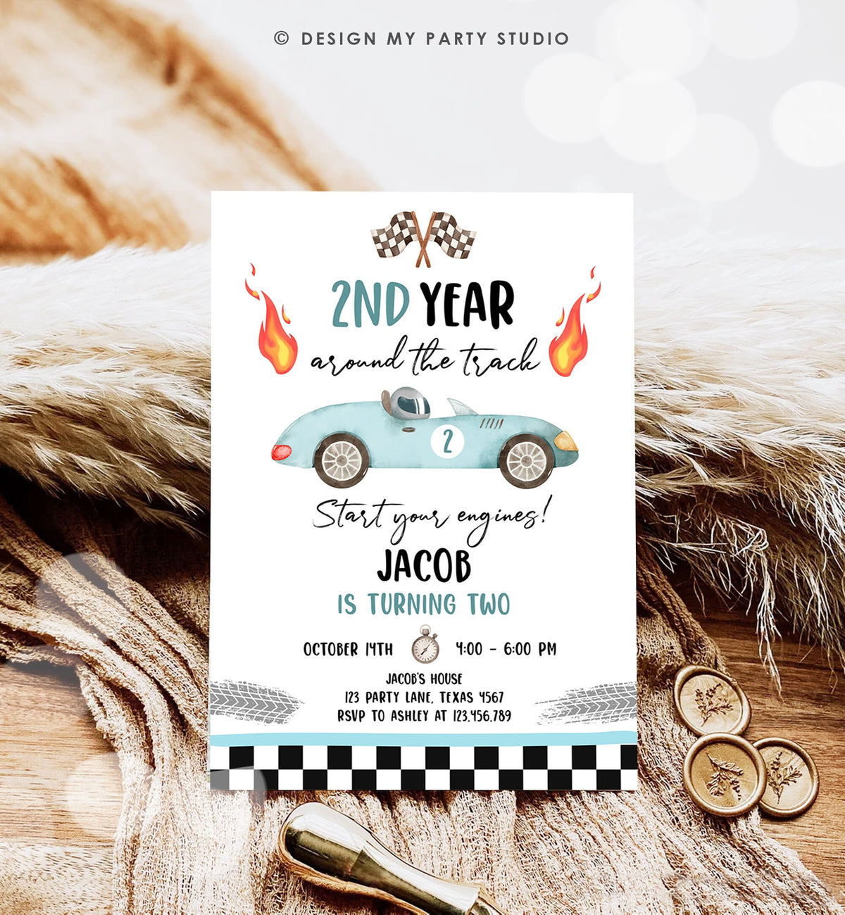 Editable 2nd Year Around the Track Birthday Invitation Boy Blue Two Fast Party Race Car Second Birthday Racing Evite Template Printable 0424