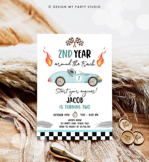 Editable 2nd Year Around the Track Birthday Invitation Boy Blue Two Fast Party Race Car Second Birthday Racing Corjl Template Printable 0424