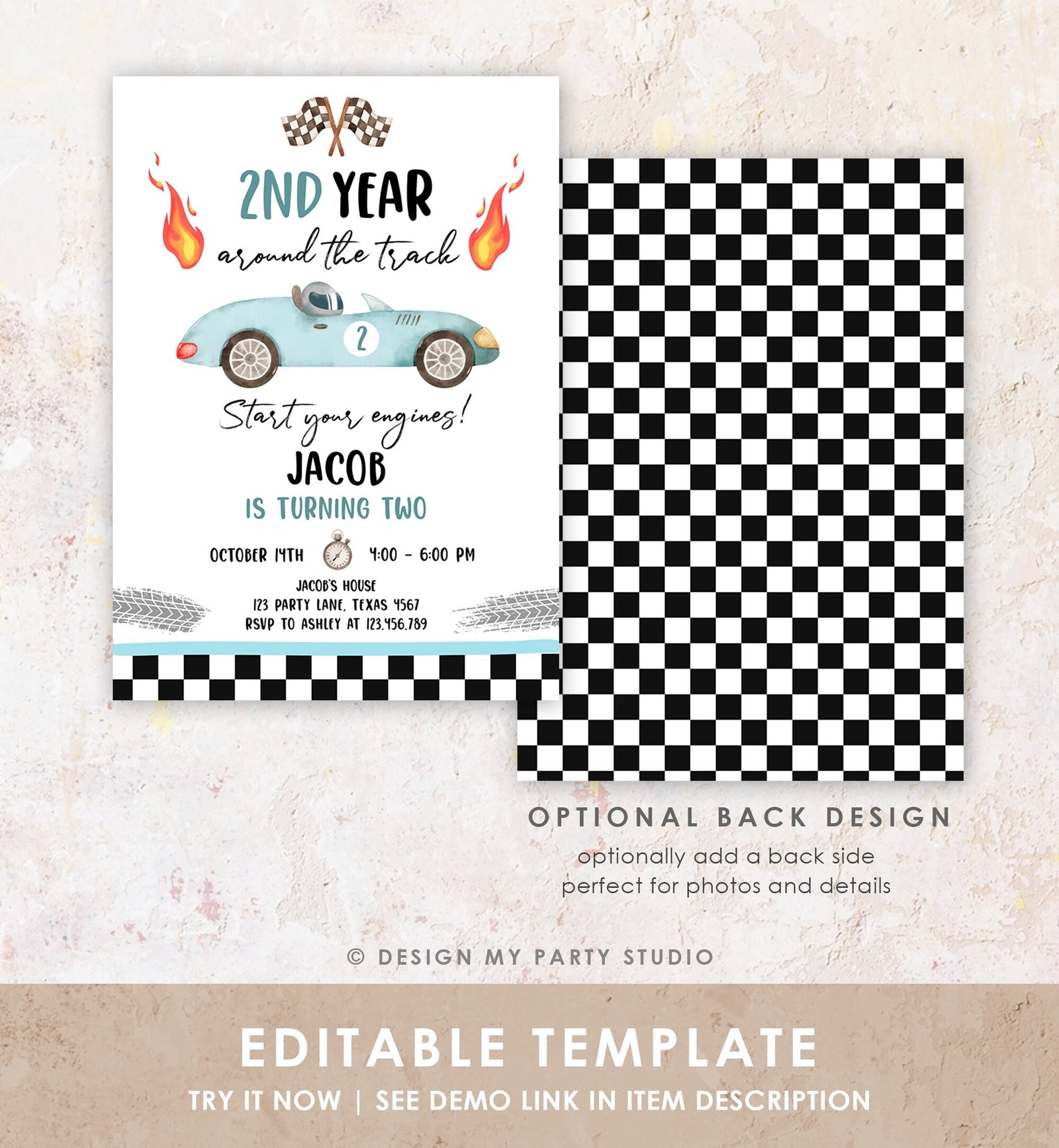 Editable 2nd Year Around the Track Birthday Invitation Boy Blue Two Fast Party Race Car Second Birthday Racing Evite Template Printable 0424