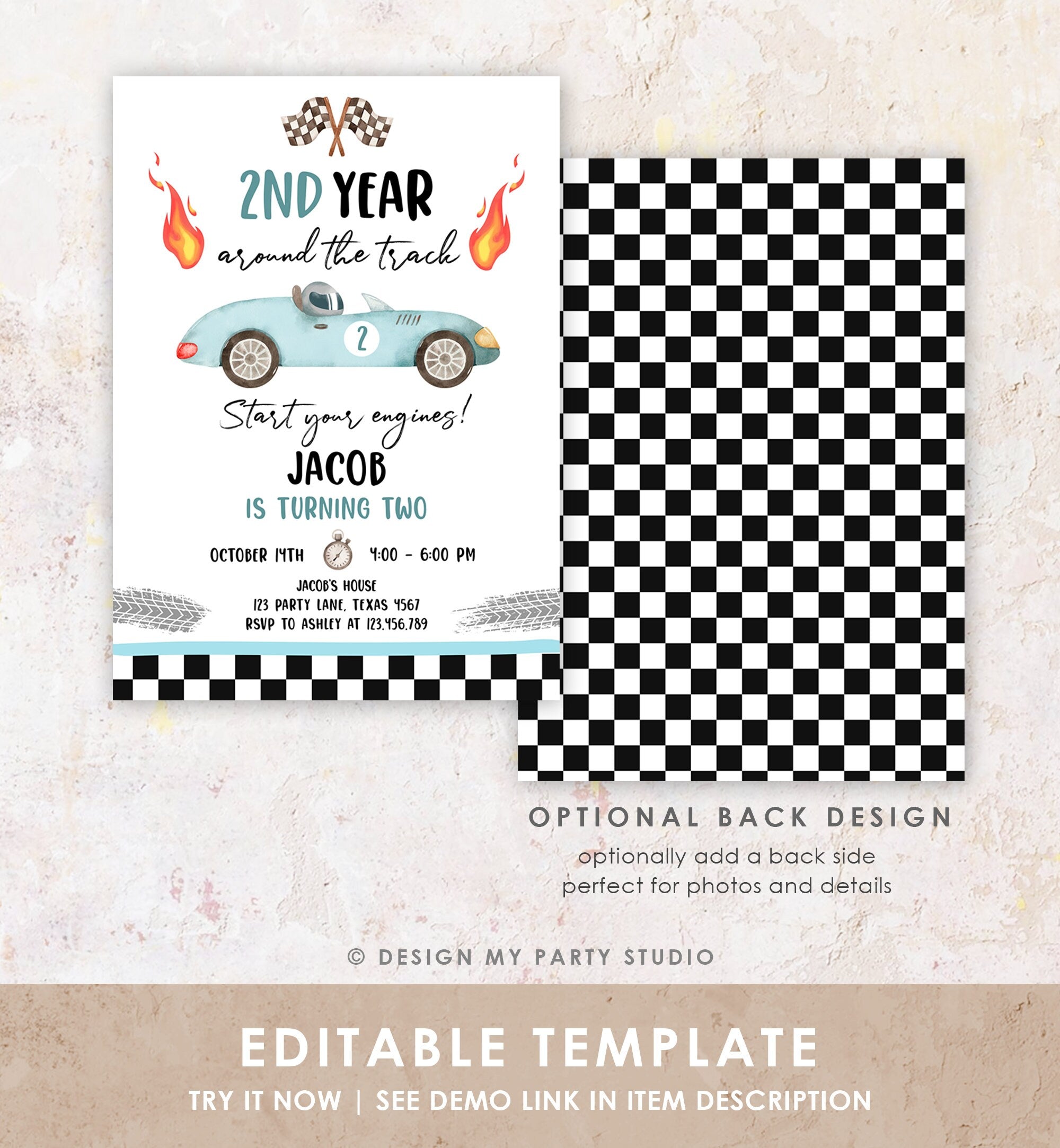 Editable 2nd Year Around the Track Birthday Invitation Boy Blue Two Fast Party Race Car Second Birthday Racing Evite Template Printable 0424