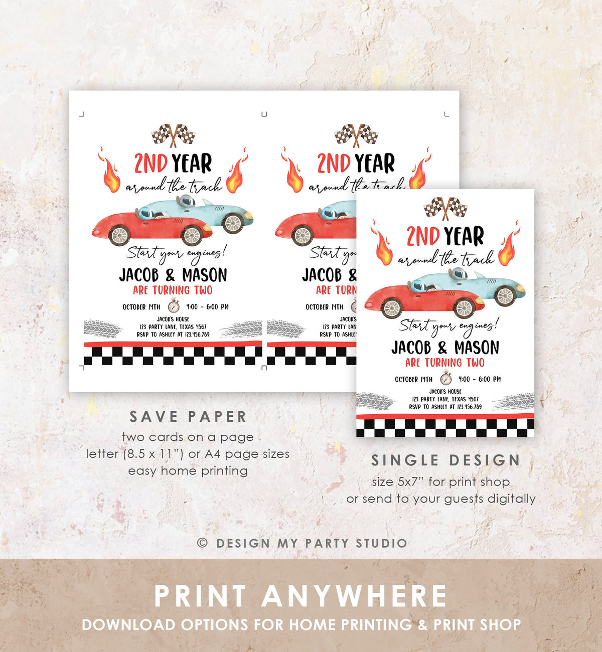 Editable 2nd Year Around the Track Birthday Invitation Twins Boys Red Two Fast Race Car Second Racing Digital Template Printable 0424