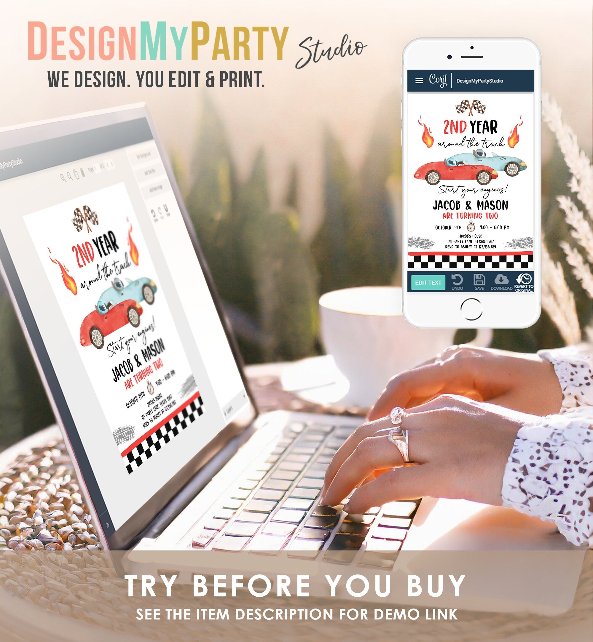 Editable 2nd Year Around the Track Birthday Invitation Twins Boys Red Two Fast Race Car Second Racing Digital Template Printable 0424