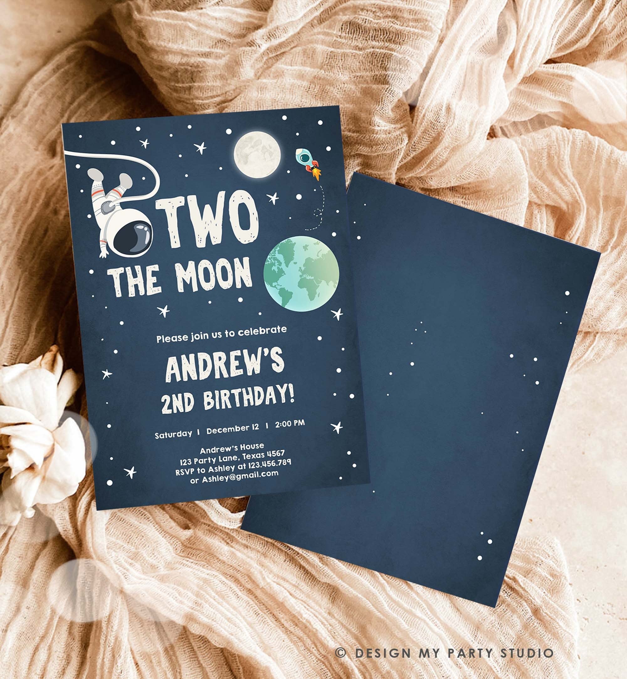 Editable Two the Moon Birthday Invitation Space Astronaut Boy Galaxy 2nd Second Birthday Digital Download Corjl Template Printable 0046