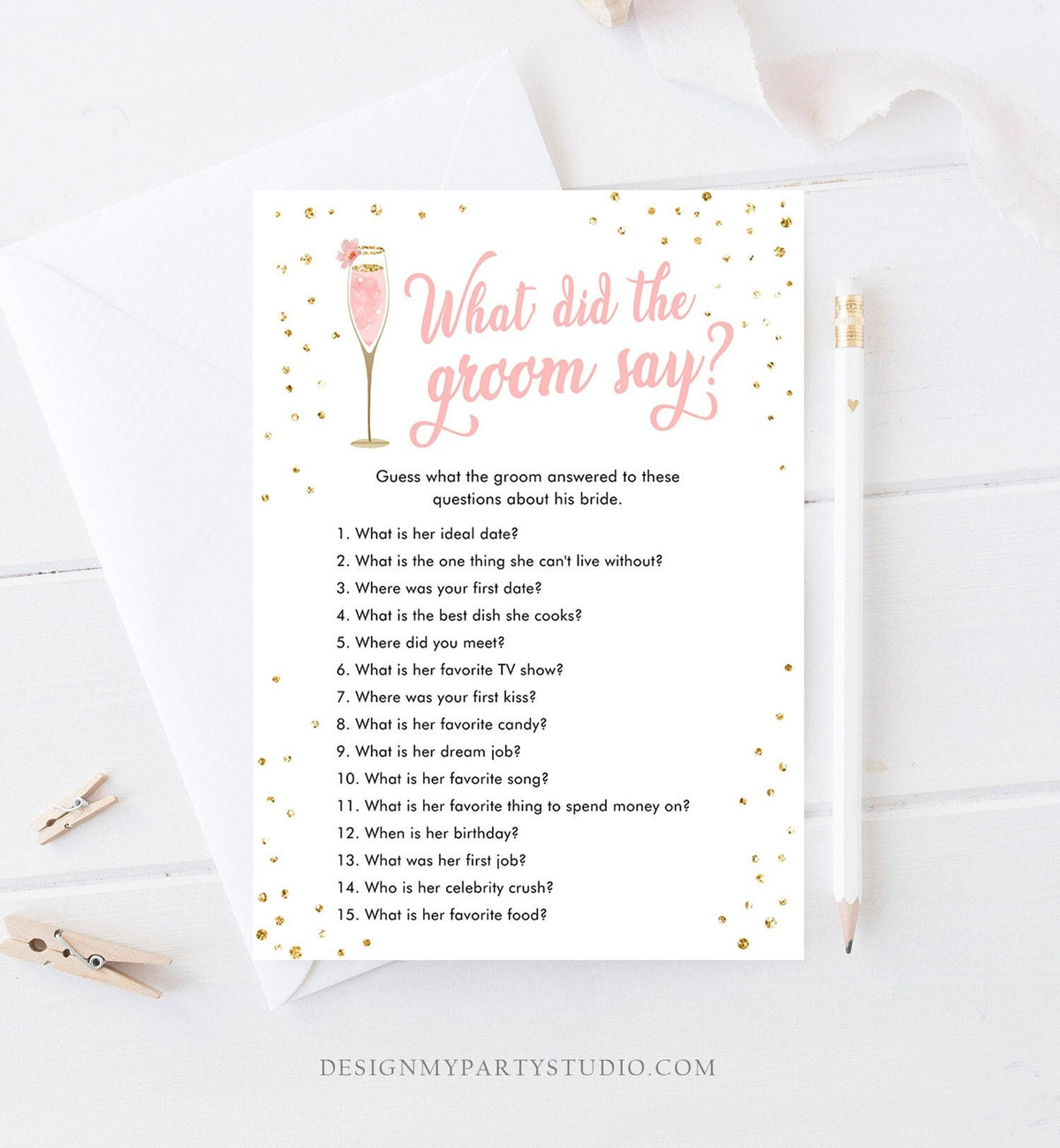 Editable What Did The Groom Say Bridal Shower Game Brunch and Bubbly What Groom Said Wedding Activity Gold Corjl Template Printable 0150