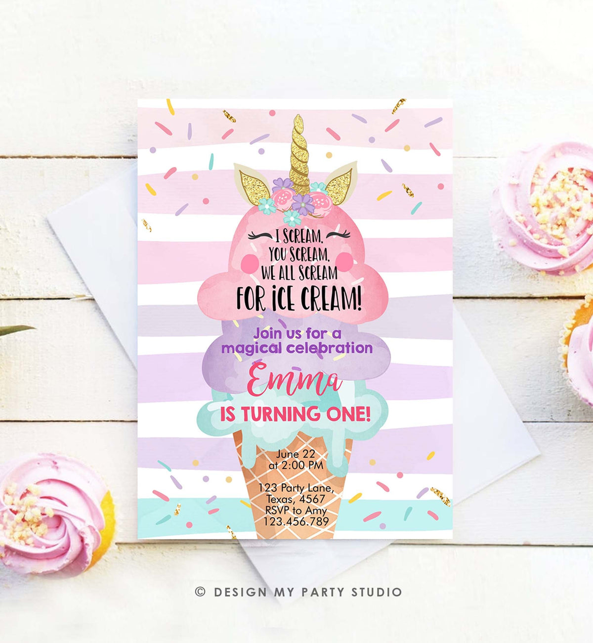 Editable Unicorn Ice Cream Birthday Invitation 1st Birthday Party Here's the Scoop Cone Rainbow Magical First Printable Template Corjl 0243