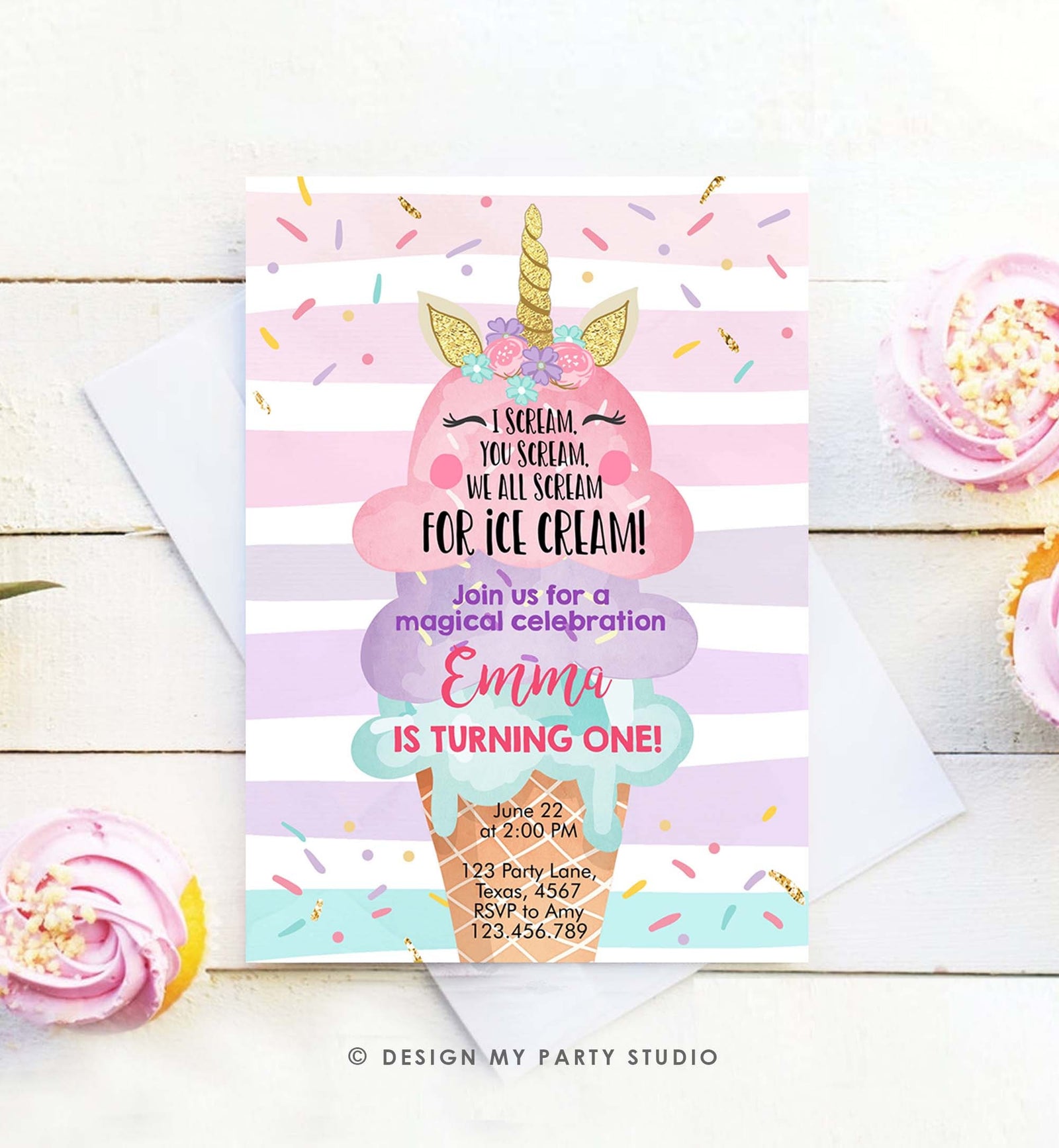 Editable Unicorn Ice Cream Birthday Invitation 1st Birthday Party Here's the Scoop Cone Rainbow Magical First Printable Template Corjl 0243