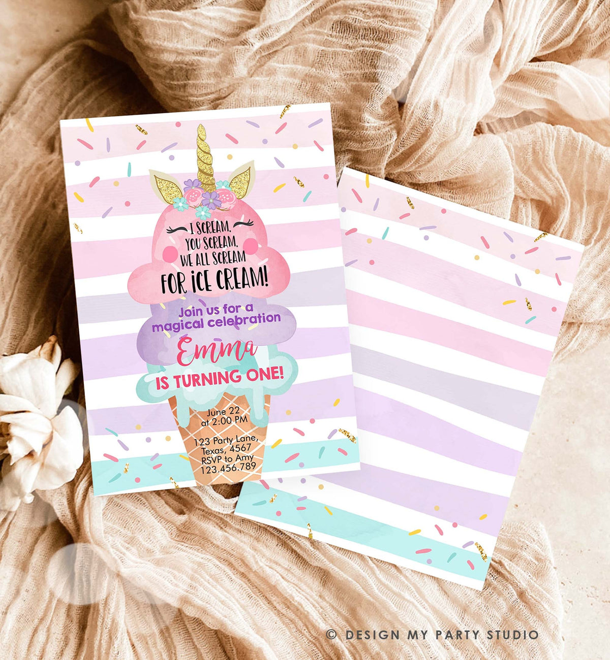 Editable Unicorn Ice Cream Birthday Invitation 1st Birthday Party Here's the Scoop Cone Rainbow Magical First Printable Template Corjl 0243