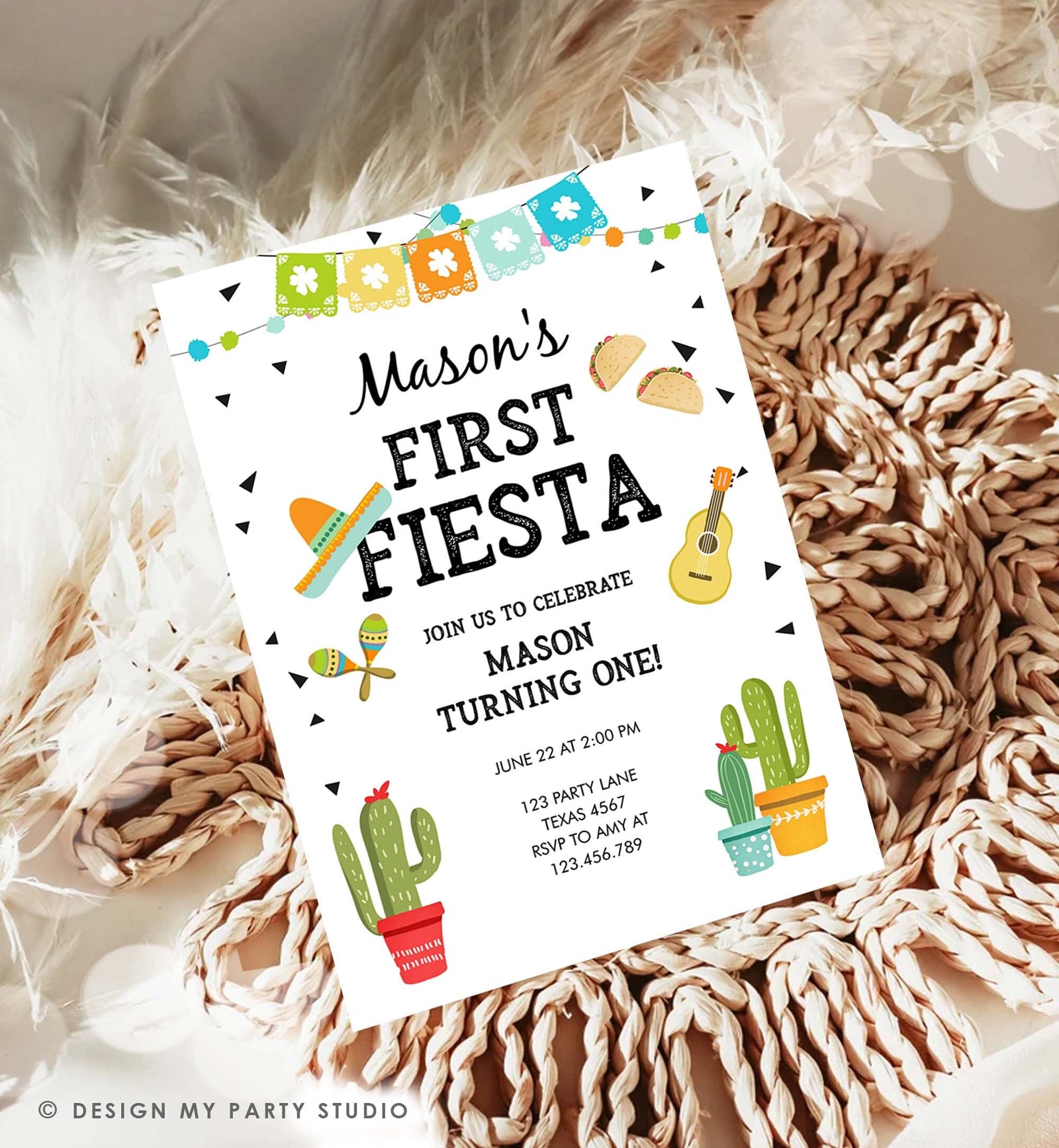 Editable First Fiesta Birthday Invitation Boy 1st Fiesta Taco Sombrero Blue Party Mexican Digital Download Evite Template Printable0161