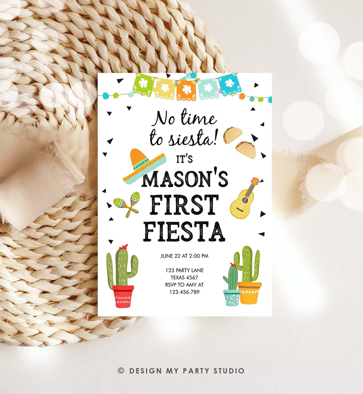 Editable First Fiesta Birthday Invitation Boy 1st Fiesta Taco Sombrero No Time to Siesta Download Printable Invitation Template Corjl 0161