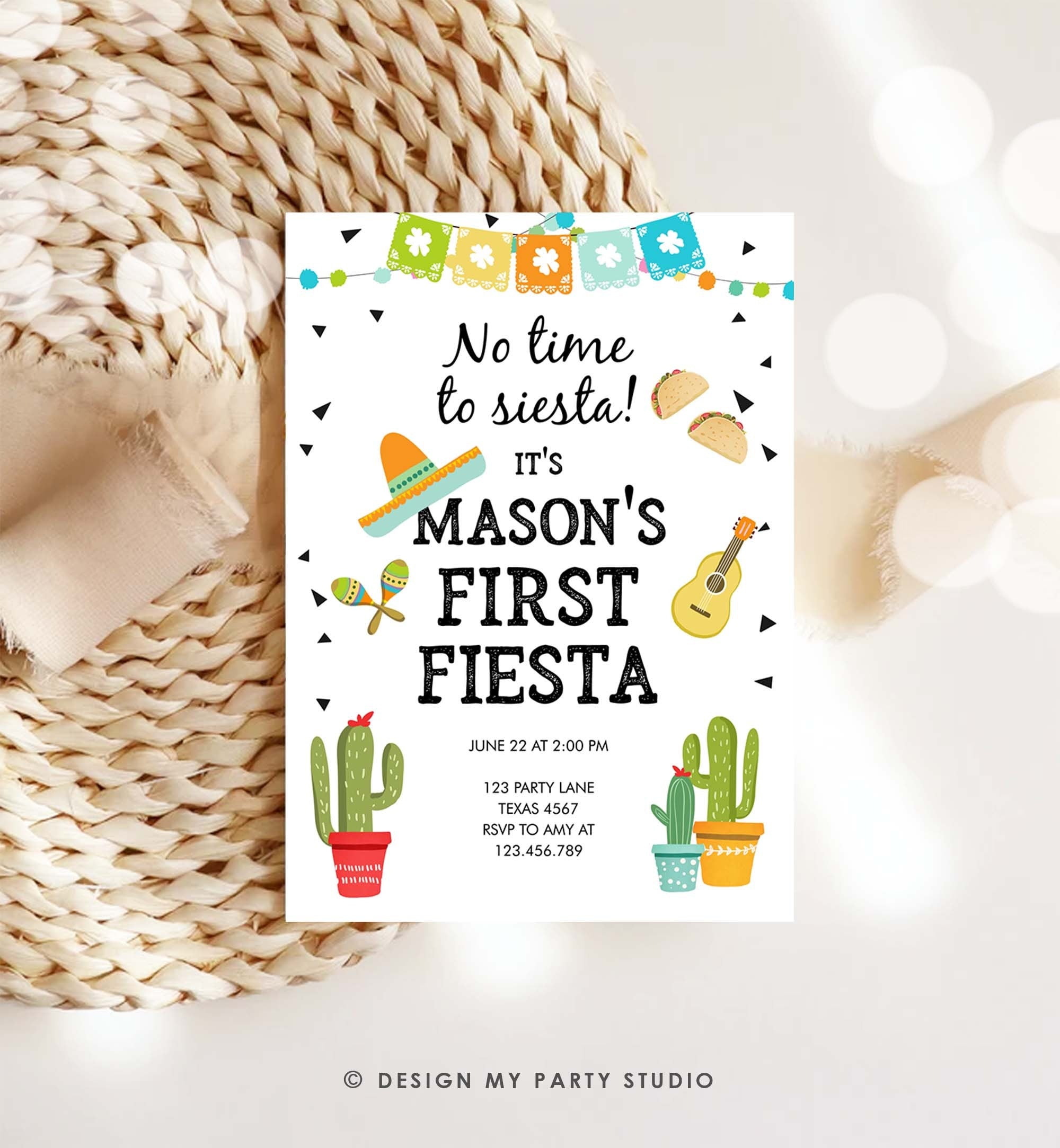 Editable First Fiesta Birthday Invitation Boy 1st Fiesta Taco Sombrero No Time to Siesta Download Printable Invitation Template Corjl 0161