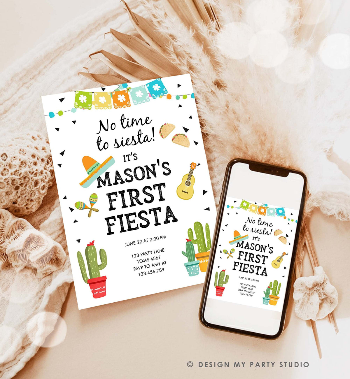 Editable First Fiesta Birthday Invitation Boy 1st Fiesta Taco Sombrero No Time to Siesta Download Printable Invitation Template Corjl 0161