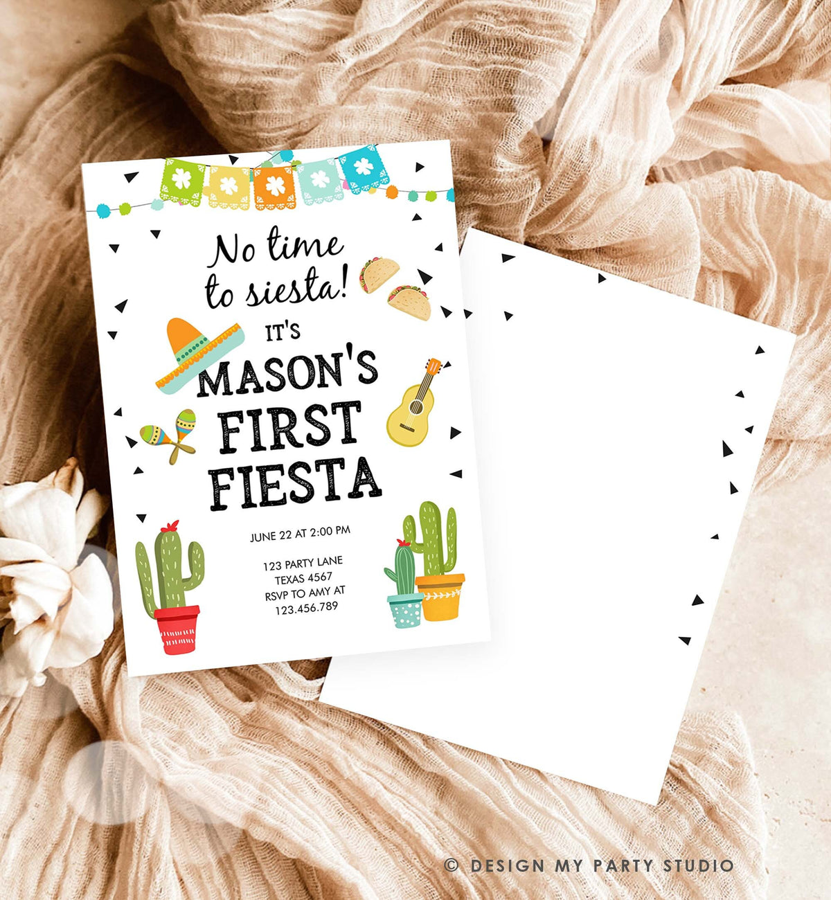 Editable First Fiesta Birthday Invitation Boy 1st Fiesta Taco Sombrero No Time to Siesta Download Printable Invitation Template Corjl 0161