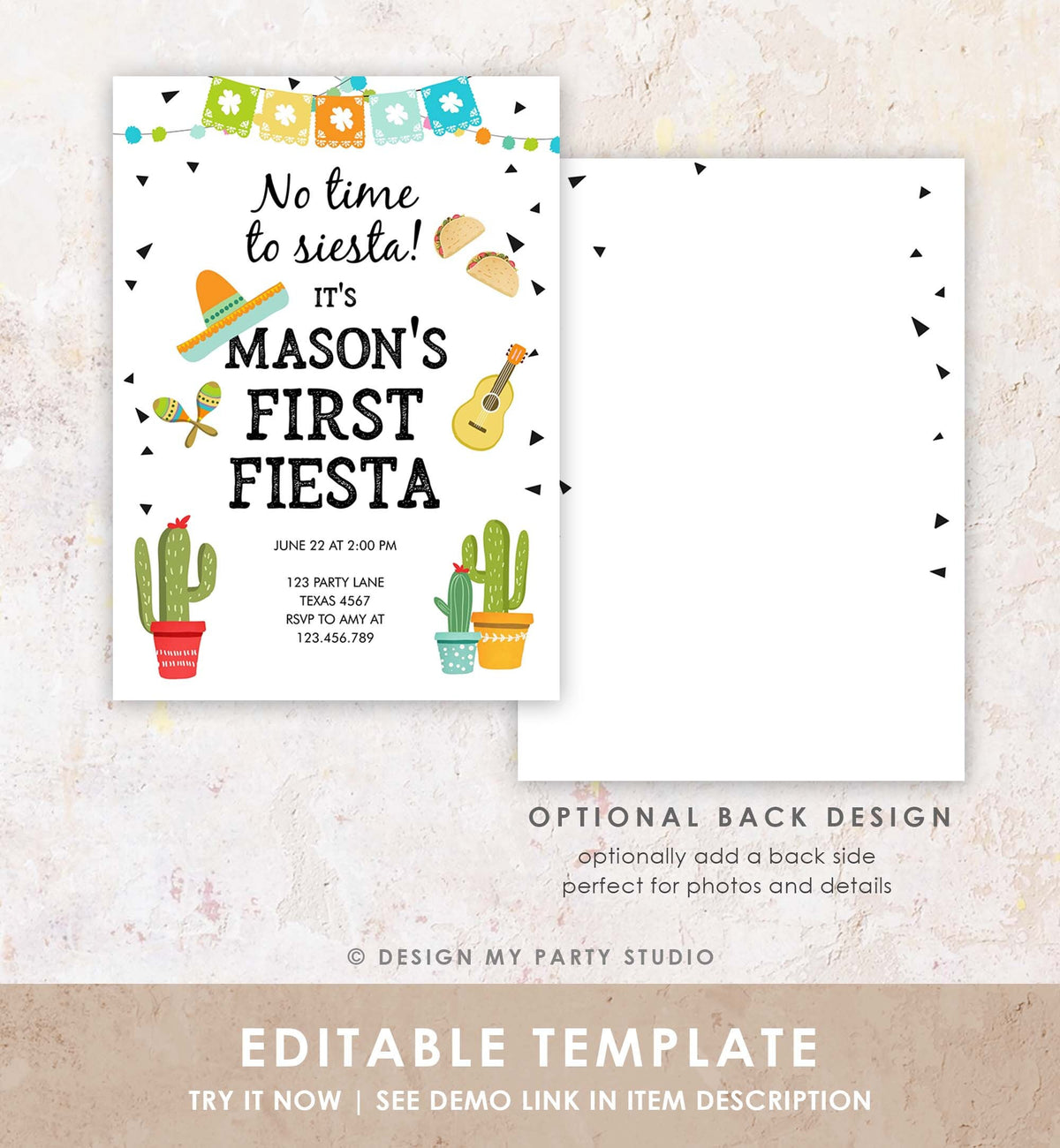 Editable First Fiesta Birthday Invitation Boy 1st Fiesta Taco Sombrero No Time to Siesta Download Printable Invitation Template Corjl 0161