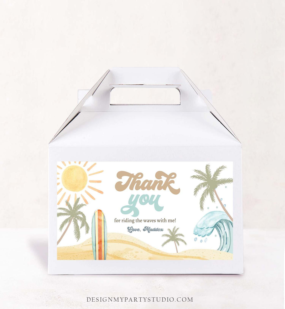 Editable Surf Gable Box Favor Label Surf Birthday Favor Box Label Boy The Big One Retro Surfboard 1st Digital Download Printable Corjl 0433