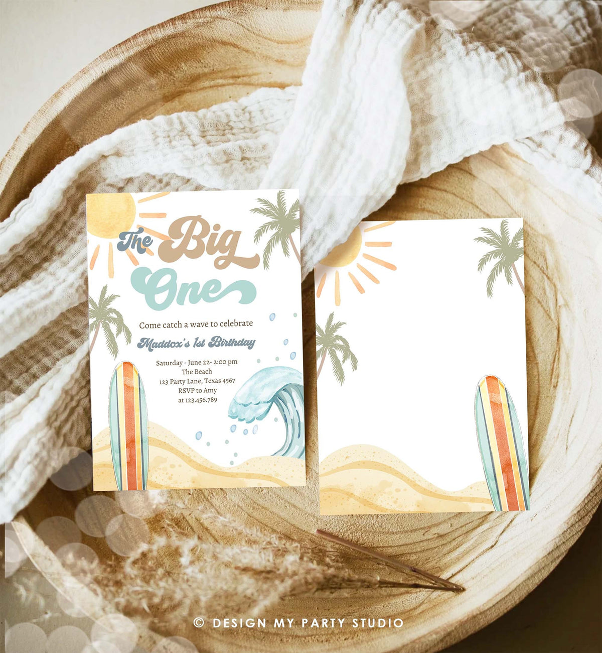 Editable The Big One Surf 1st Birthday Invitation Retro Surfboard Beach Party Wave Surfer Boho Digital Download Template Printable 0433