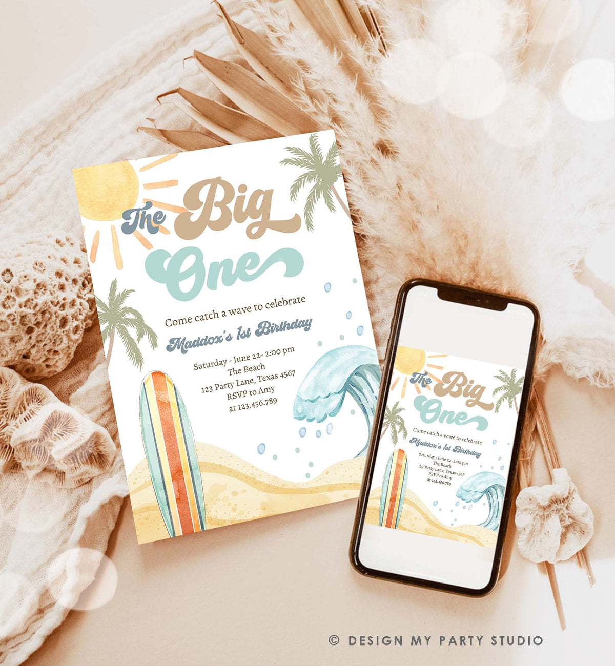Editable The Big One Surf 1st Birthday Invitation Retro Surfboard Beach Party Wave Surfer Boho Digital Download Template Printable 0433