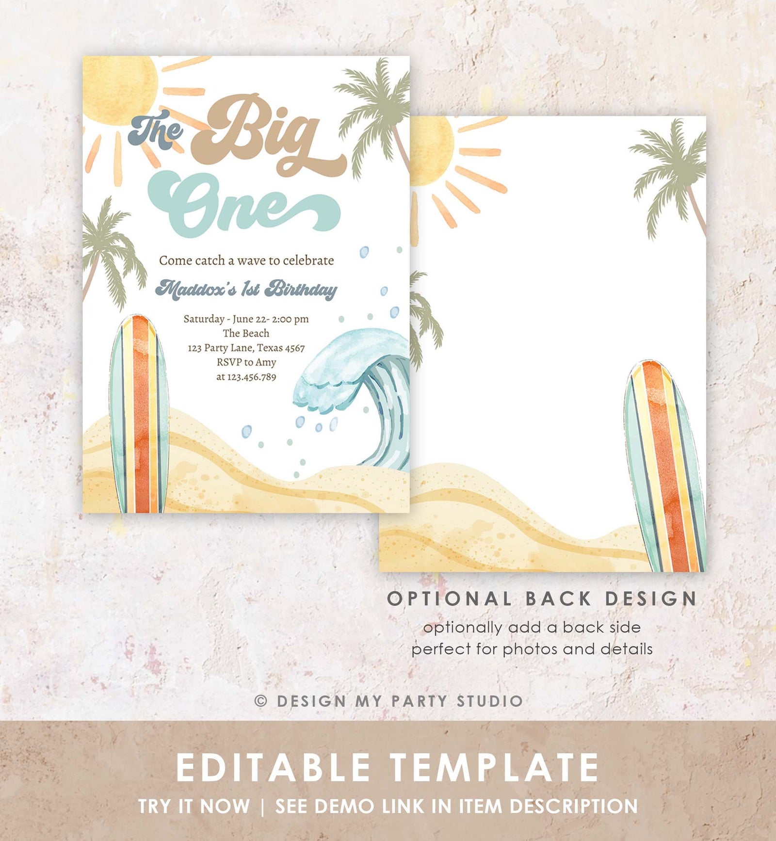 Editable The Big One Surf 1st Birthday Invitation Retro Surfboard Beach Party Wave Surfer Boho Digital Download Template Printable 0433