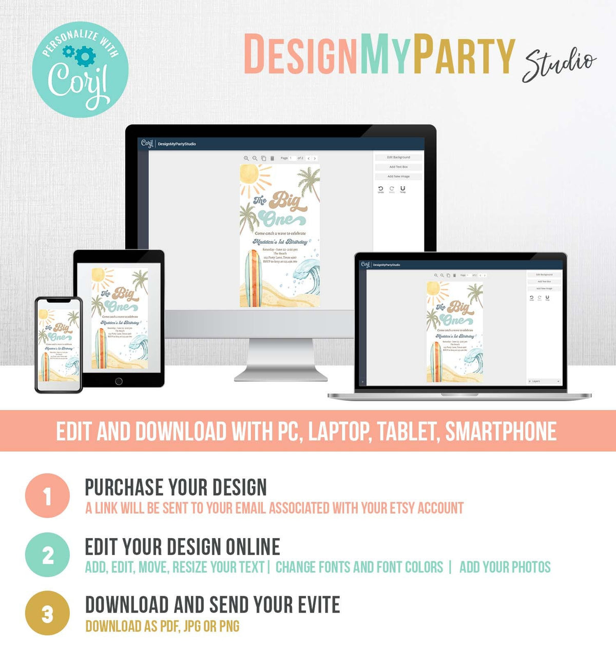 Editable The Big One Surf 1st Birthday Invitation Retro Surfboard Beach Party Wave Surfer Boho Invite Download Template Corjl Digital 0433