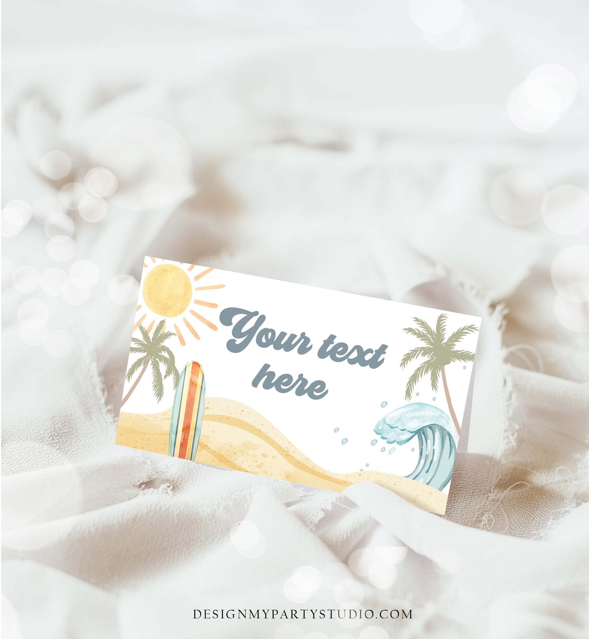 Editable Surf Food Labels Surfboard Birthday Place Card Tent Card Buffet Card Beach Party The Big One Retro Boy Decor Corjl Template 0433