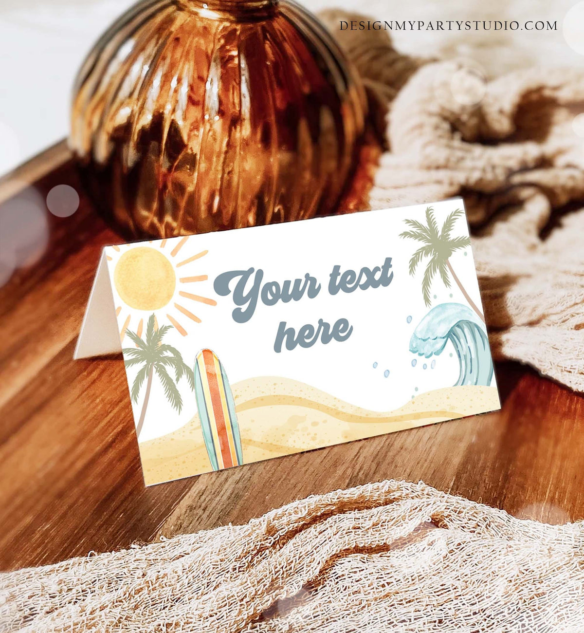 Editable Surf Food Labels Surfboard Birthday Place Card Tent Buffet Beach Party The Big One Retro Boy Digital Template Printable 0433