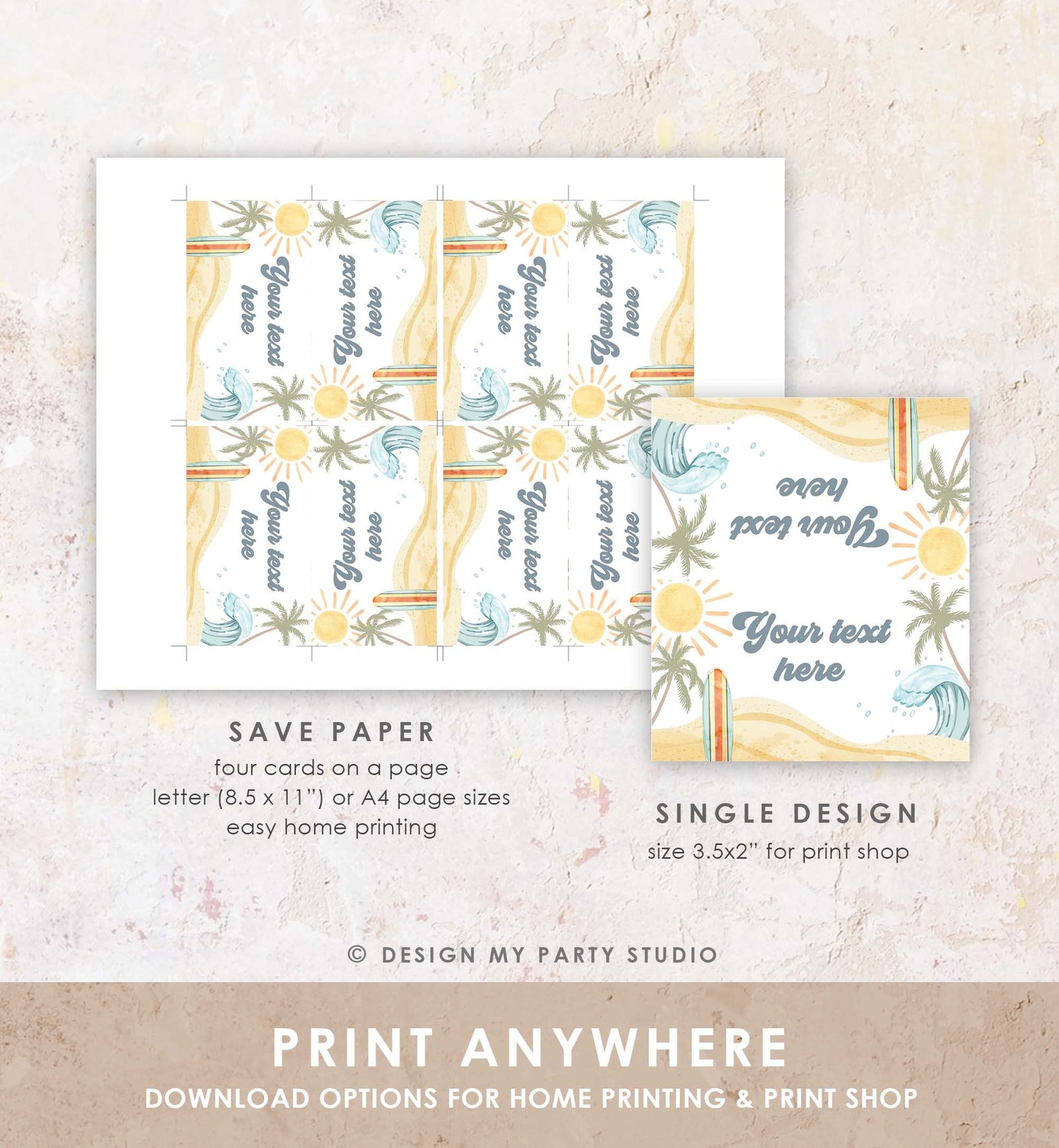 Editable Surf Food Labels Surfboard Birthday Place Card Tent Buffet Beach Party The Big One Retro Boy Digital Template Printable 0433