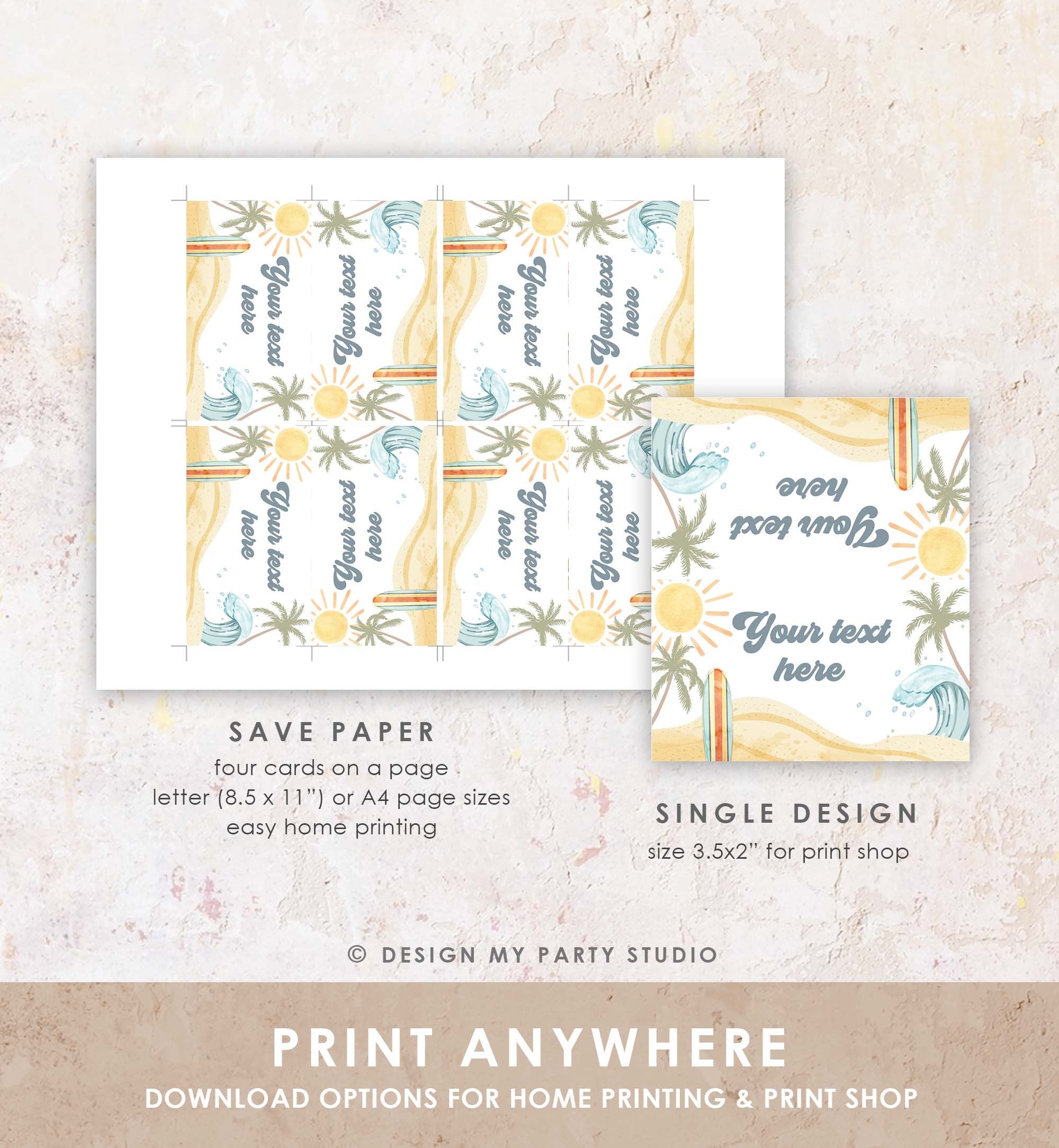 Editable Surf Food Labels Surfboard Birthday Place Card Tent Buffet Beach Party The Big One Retro Boy Digital Template Printable 0433