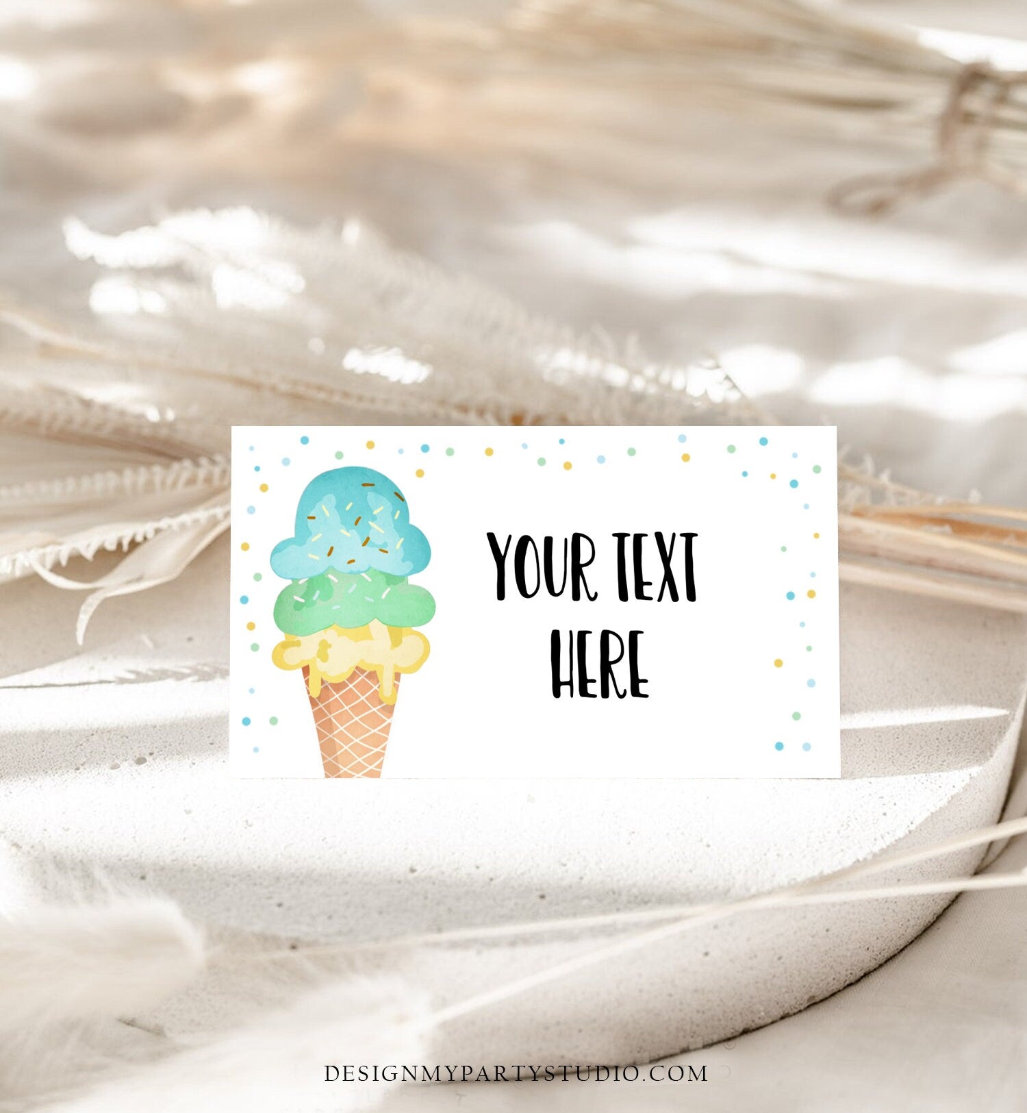 Editable Ice Cream Food Labels Ice Cream Birthday Food Cards Tent Card Boy Blue Yellow the Scoop Buffet Label Tent Card Template Corjl 0243