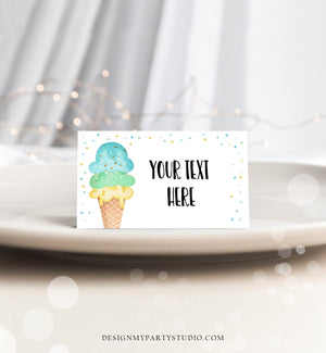 Editable Ice Cream Food Labels Ice Cream Birthday Food Cards Tent Card Boy Blue Yellow the Scoop Buffet Label Tent Card Template Corjl 0243