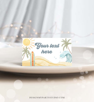Editable Surf Food Labels Surfboard Birthday Place Card Tent Card Buffet Card Beach Party The Big One Retro Boy Decor Corjl Template 0433