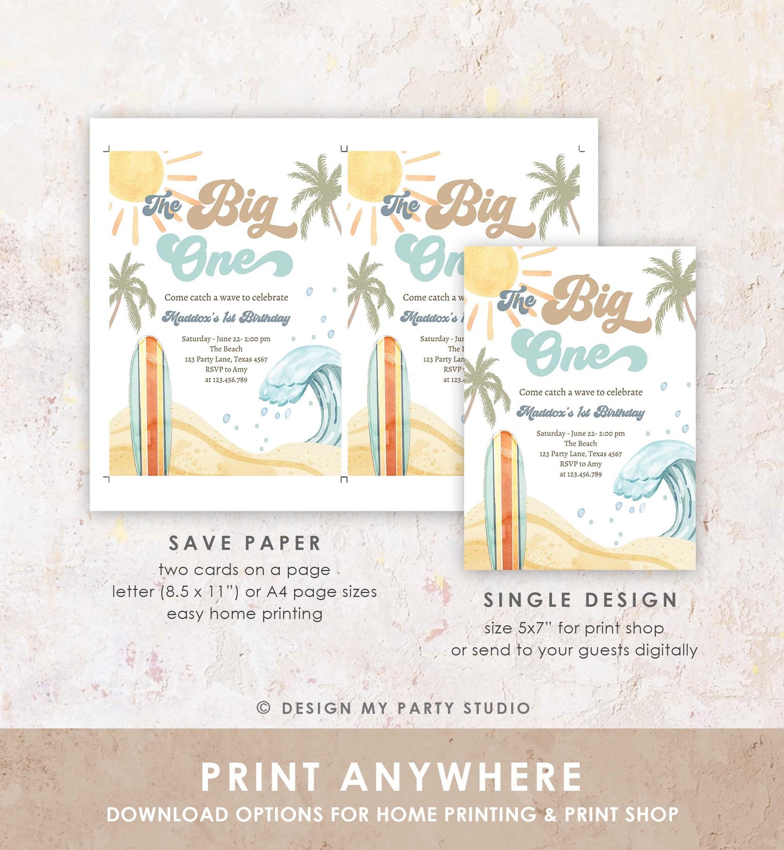 Editable The Big One Surf 1st Birthday Invitation Retro Surfboard Beach Party Wave Surfer Boho Invite Download Template Corjl Digital 0433