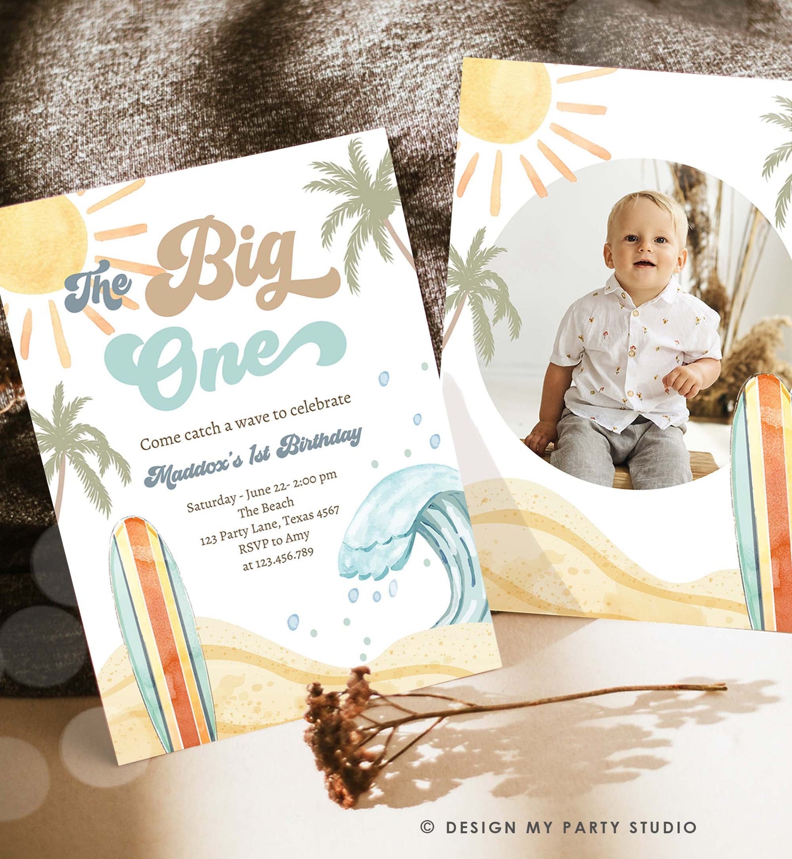 Editable The Big One Surf 1st Birthday Invitation Retro Surfboard Beach Party Wave Surfer Boho Invite Download Template Corjl Digital 0433