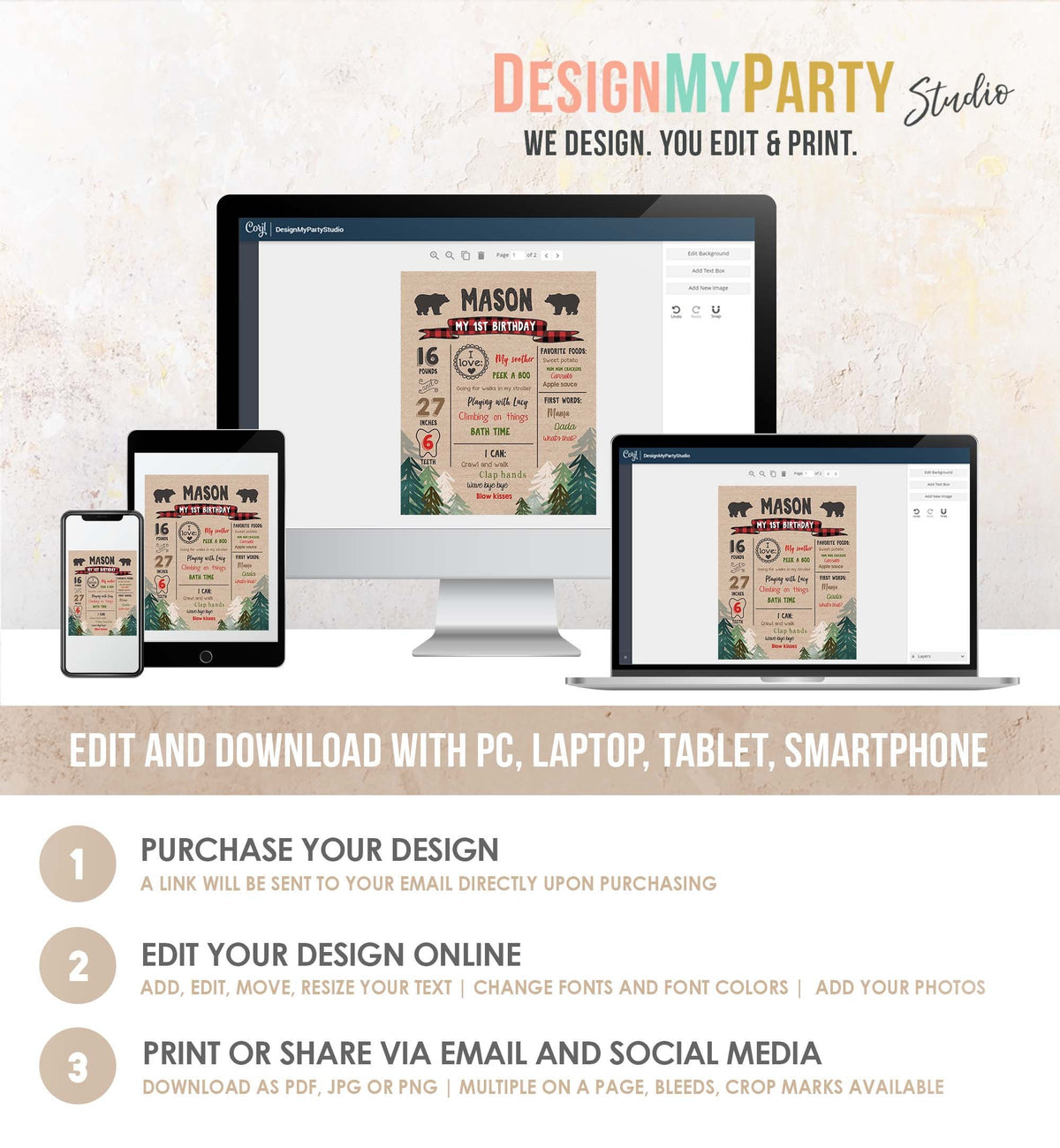 Editable Lumberjack Birthday Milestones Sign Pine Tree Poster Infographic Buffalo Plaid 1st Birthday Bear Digital Template Printable 0026