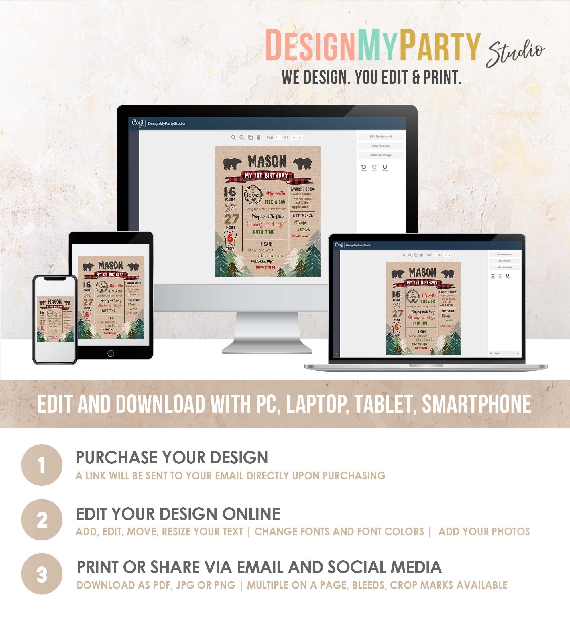 Editable Lumberjack Birthday Milestones Sign Pine Tree Poster Infographic Buffalo Plaid 1st Birthday Bear Digital Template Printable 0026