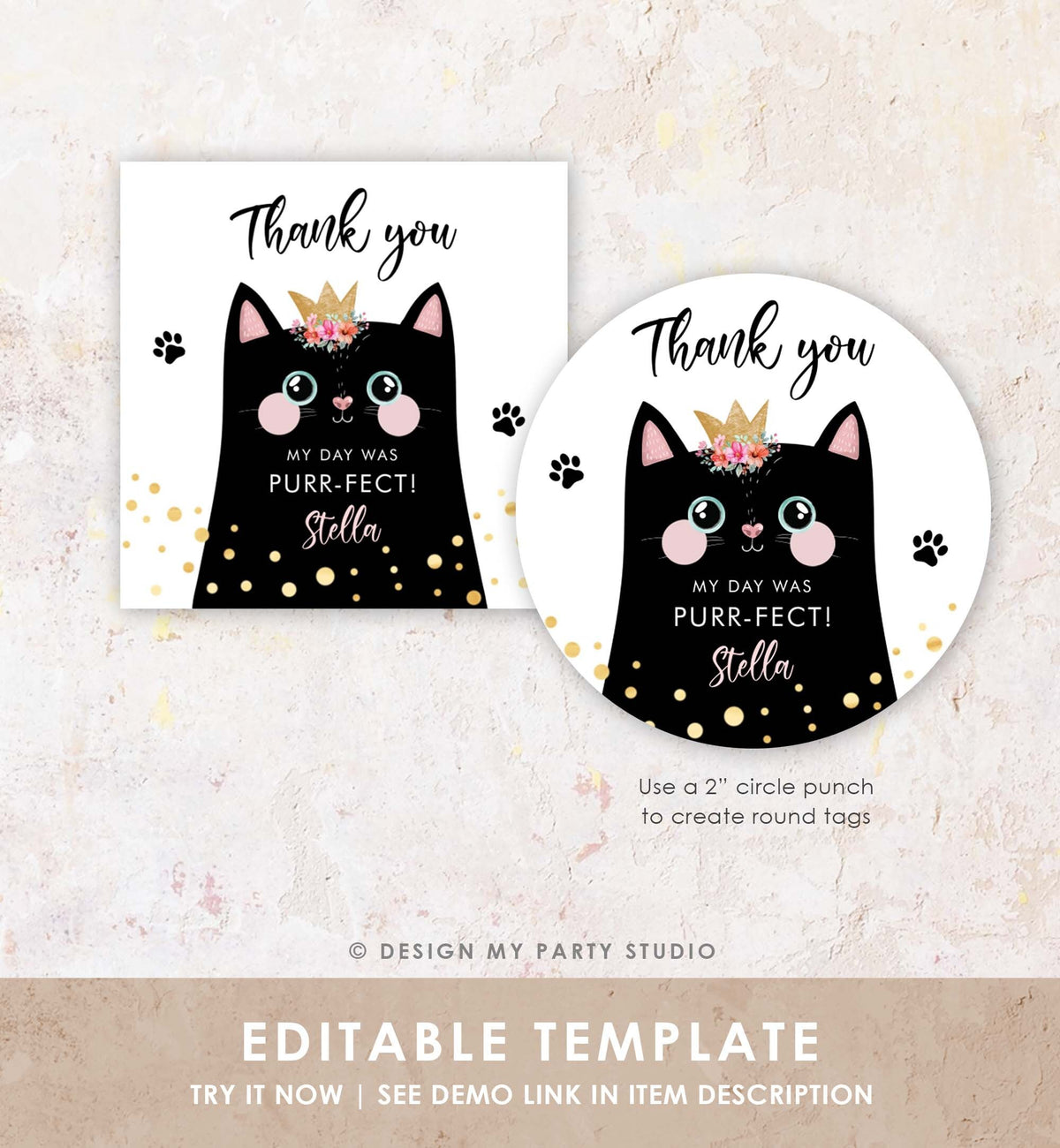 Editable Kitten Party Favor Tags Kitty Birthday Thank you Tags Round Cat Party Gift tags Girl Pink Purr-fect Digital Template Printable 0381