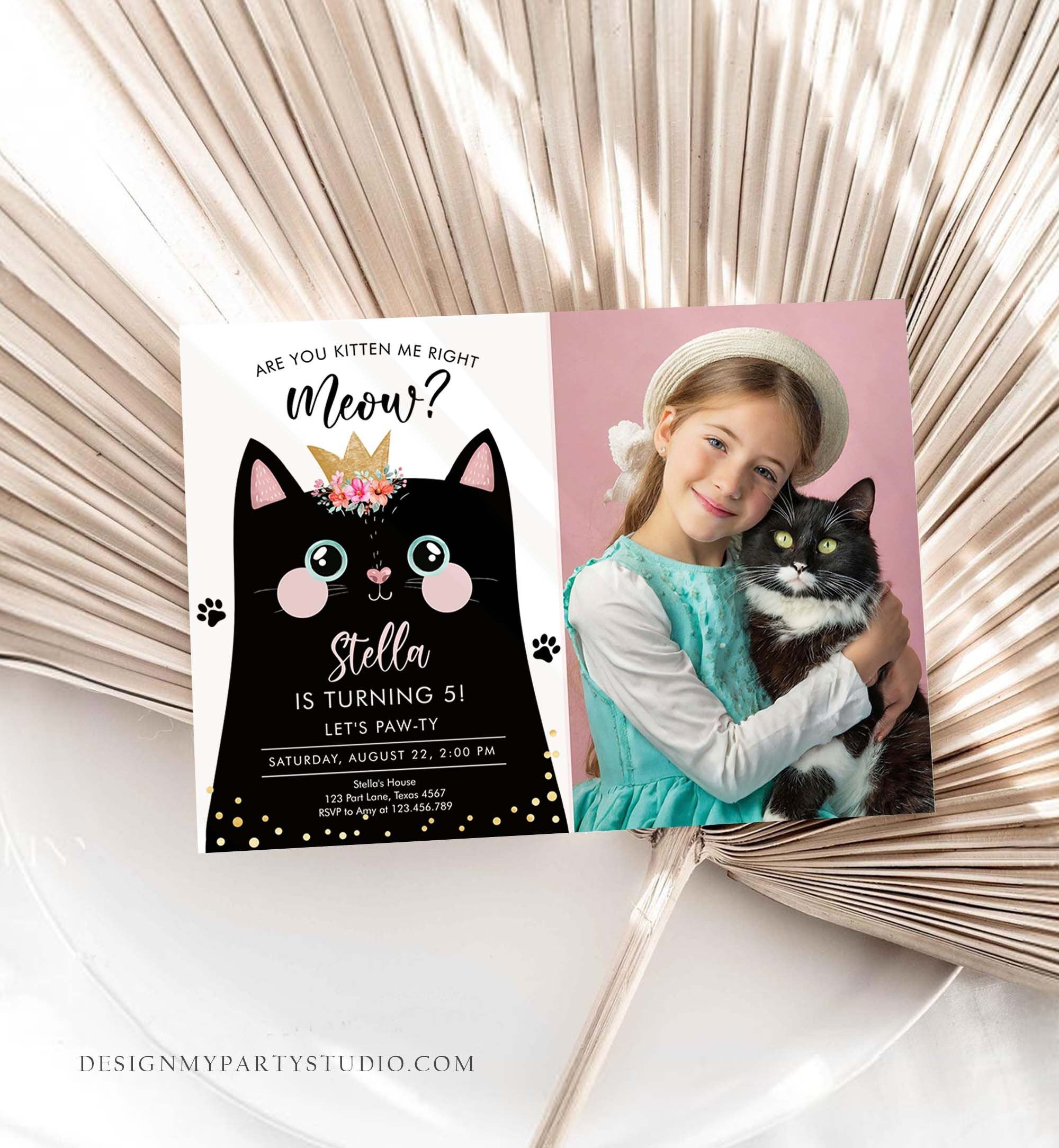 Editable Kitten Birthday Invitation Kitty Cat birthday Party Cat Invite Are You Kitten Me Black Girl Download Evite Template Printable 0381