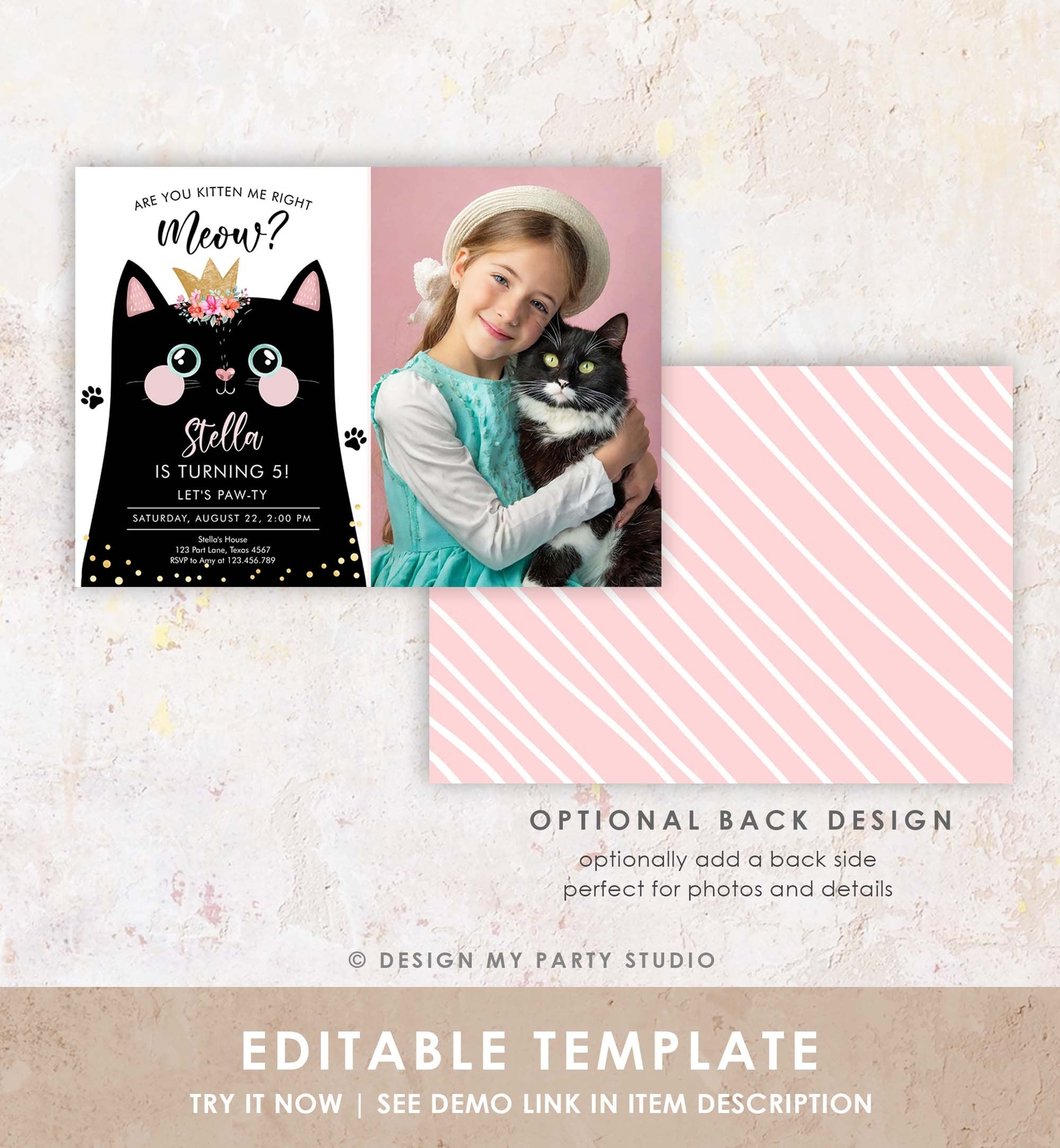 Editable Kitten Birthday Invitation Kitty Cat birthday Party Cat Invite Are You Kitten Me Black Girl Download Evite Template Printable 0381