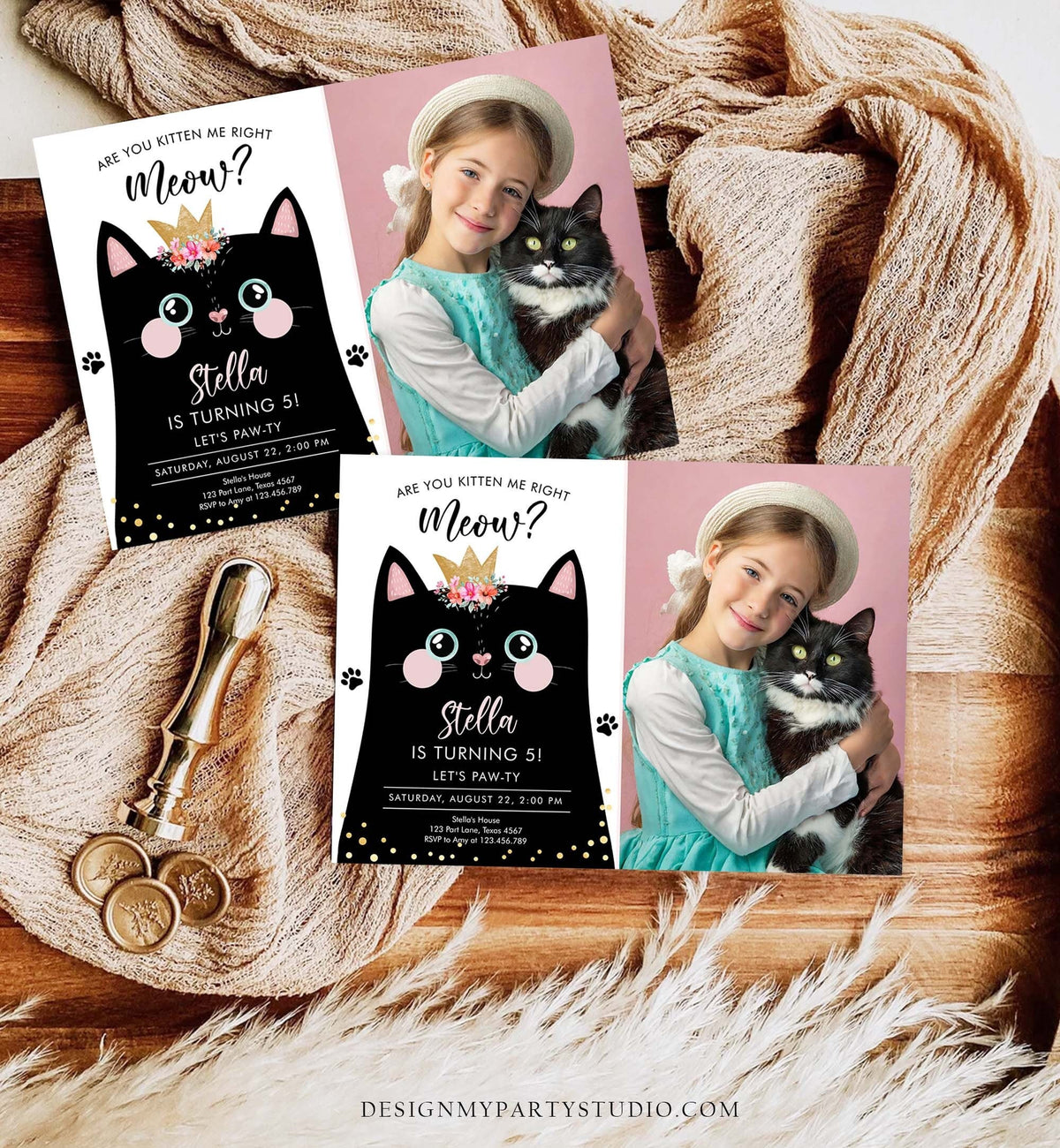 Editable Kitten Birthday Invitation Kitty Cat birthday Party Cat Invite Are You Kitten Me Black Girl Download Evite Template Printable 0381