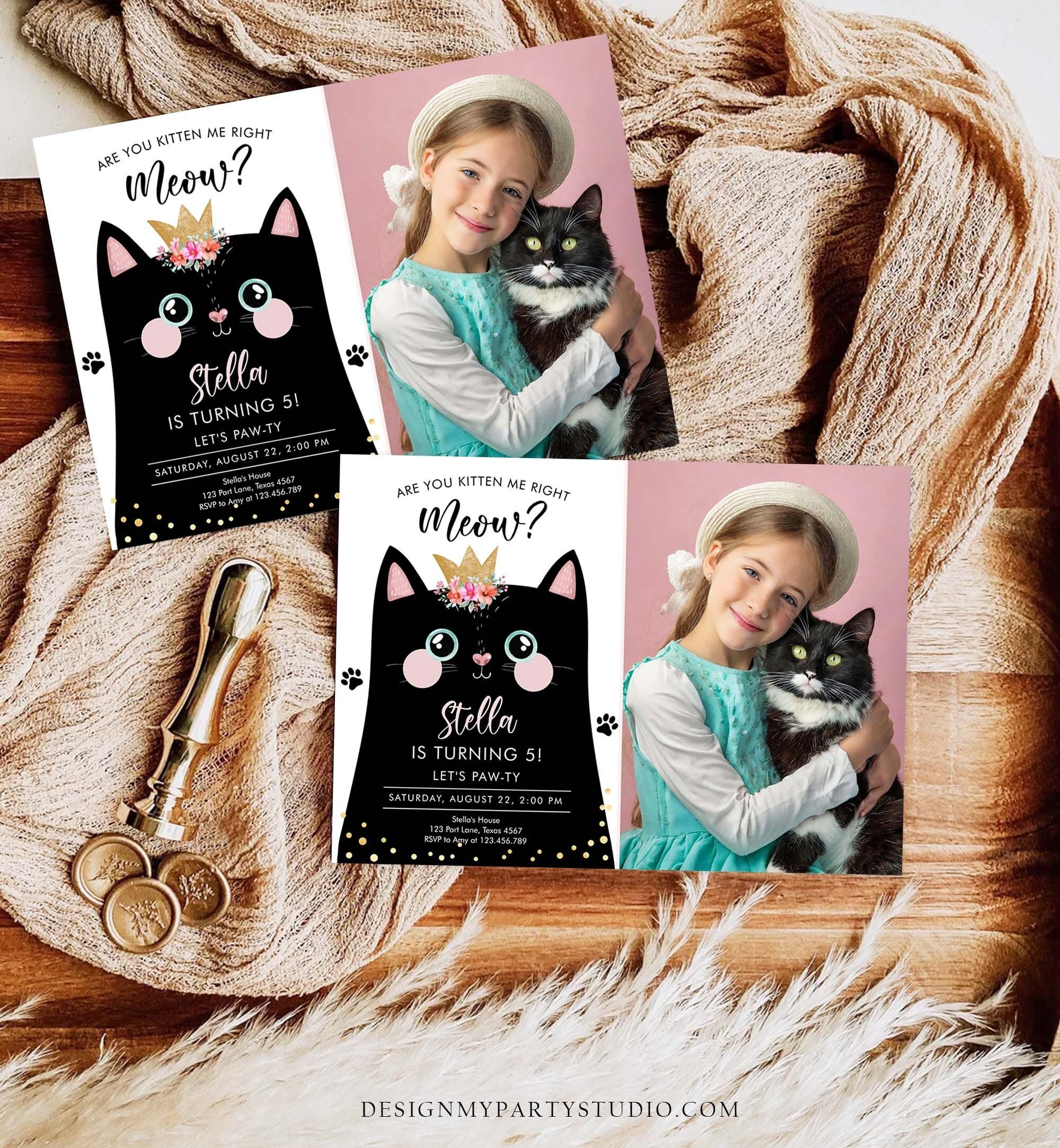 Editable Kitten Birthday Invitation Kitty Cat birthday Party Cat Invite Are You Kitten Me Black Girl Download Evite Template Printable 0381