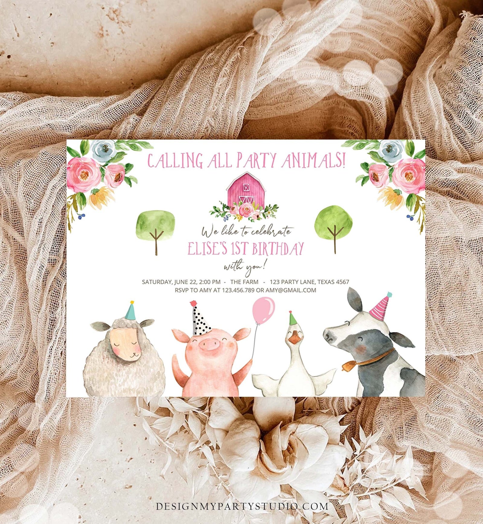 Editable Farm Animals Birthday Invitation Girl Party Animals Pink Barn Barnyard Birthday Digital Download Evite Template Printable 0155