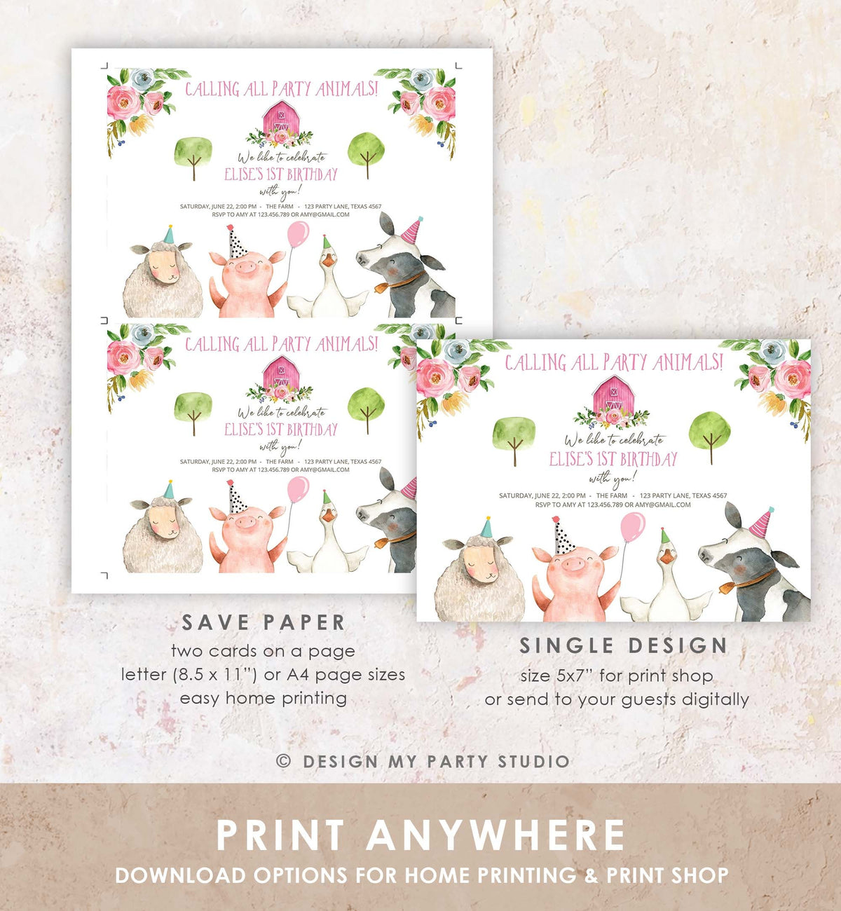 Editable Farm Animals Birthday Invitation Girl Party Animals Pink Barn Barnyard Birthday Digital Download Evite Template Printable 0155