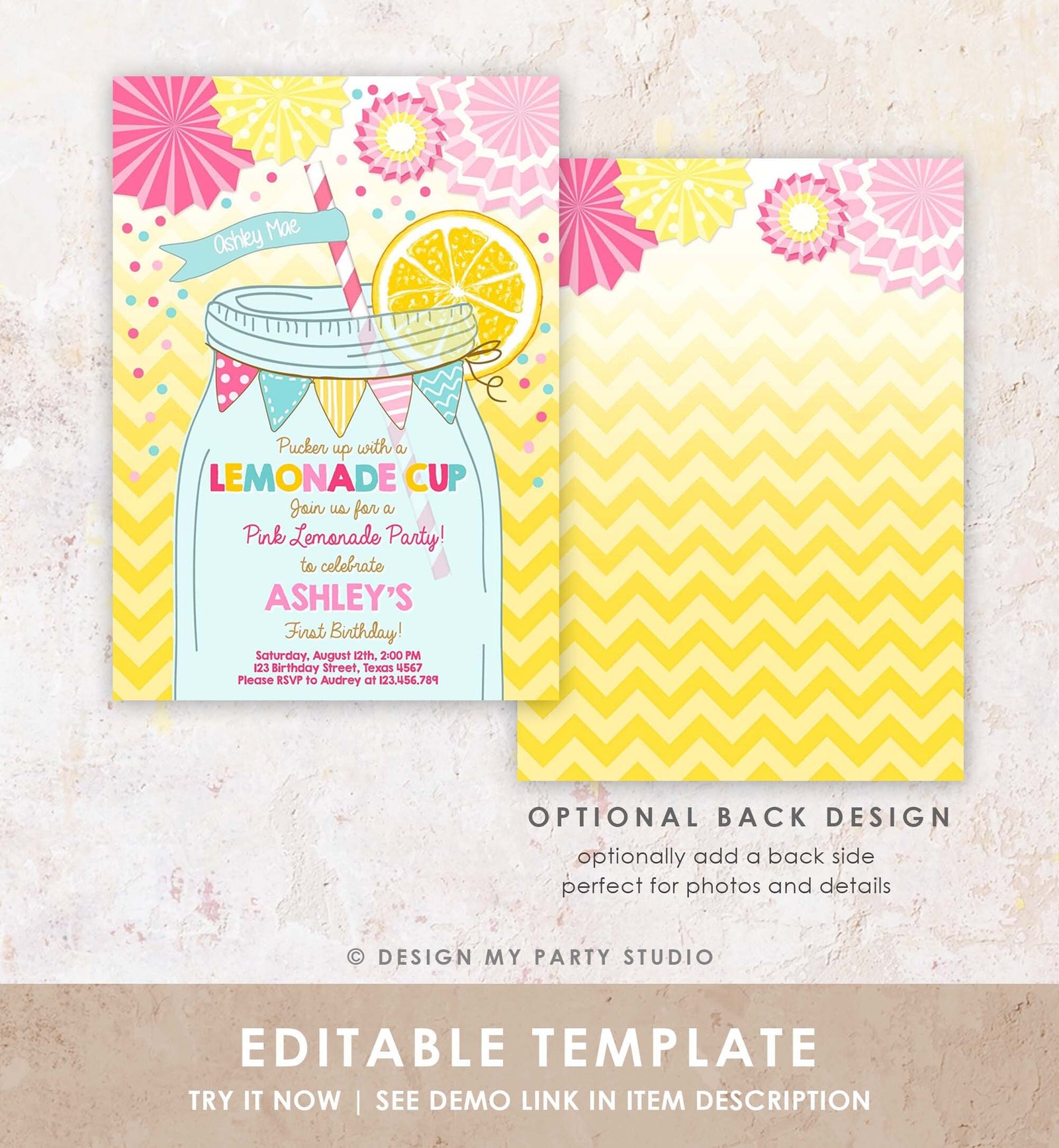 Editable Sunshine Lemonade Birthday Invitation Pink Girl Sunshine Party Lemonade Invitation 1st Birthday Printable Template Corjl 0214