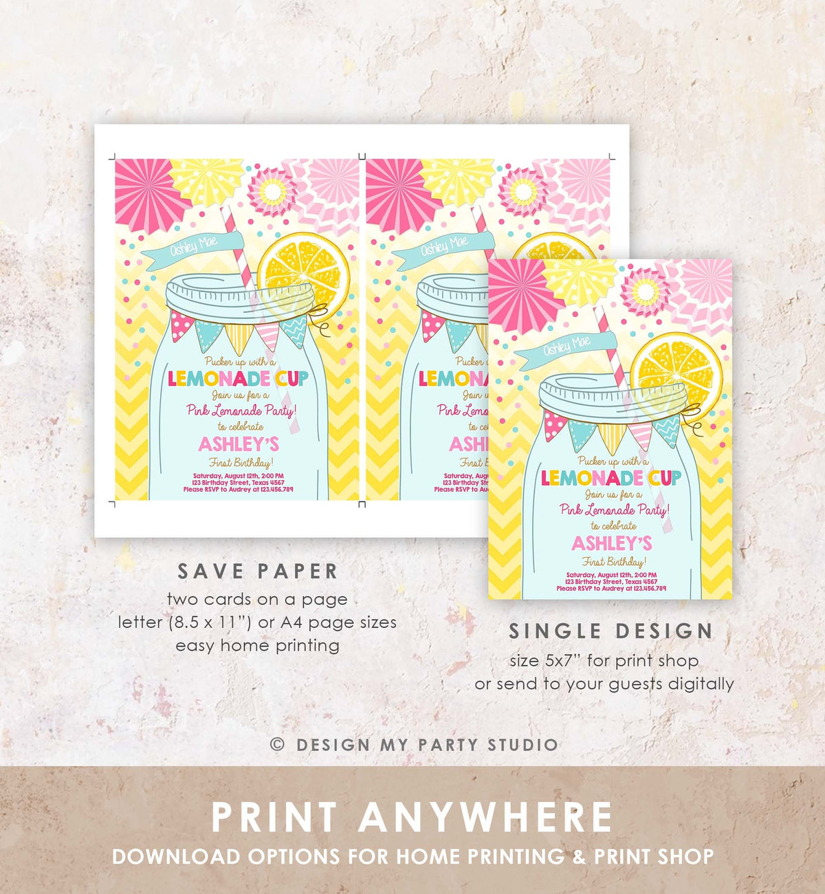 Editable Sunshine Lemonade Birthday Invitation Pink Girl Sunshine Party Lemonade Invitation 1st Birthday Printable Template Corjl 0214