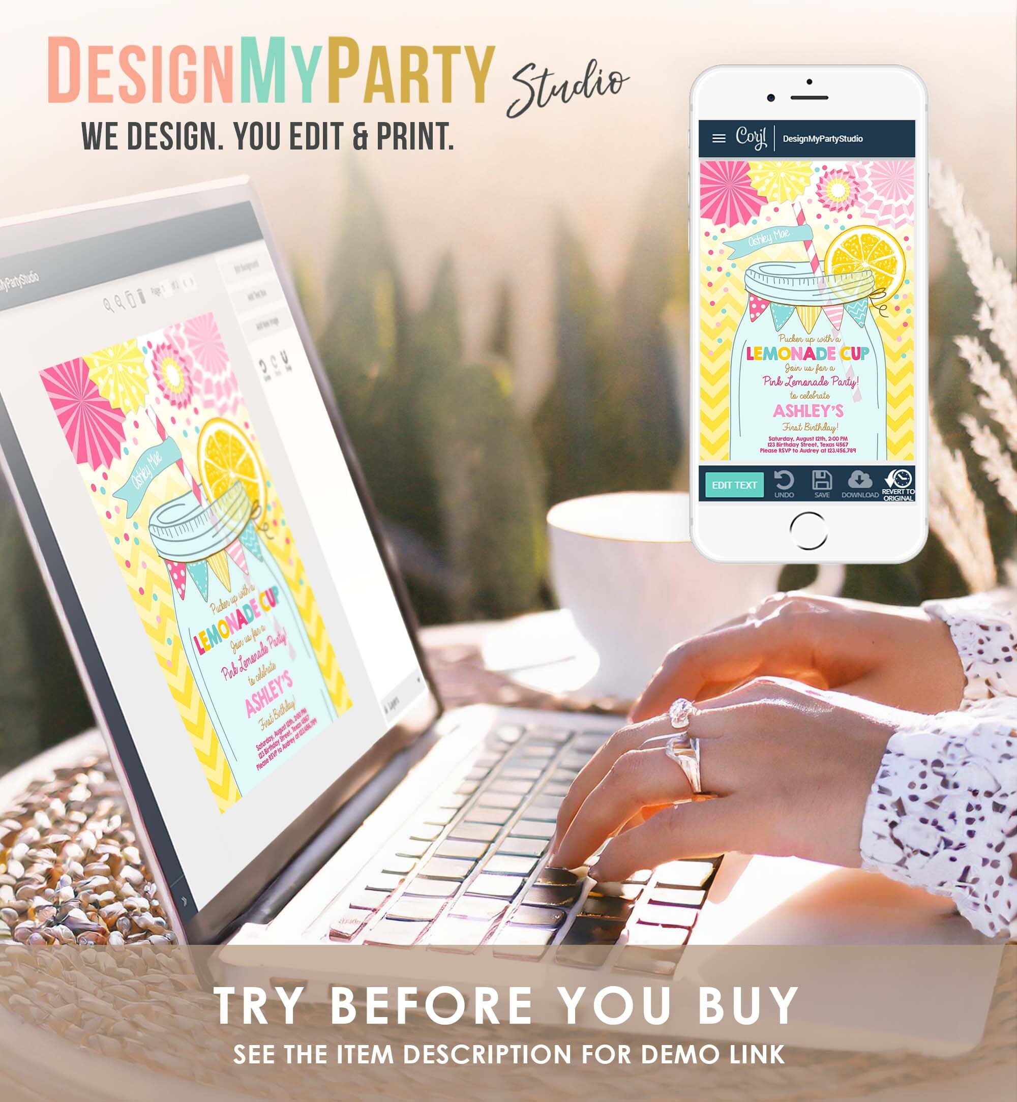 Editable Sunshine Lemonade Birthday Invitation Pink Girl Sunshine Party Lemonade Invitation 1st Birthday Printable Template Corjl 0214