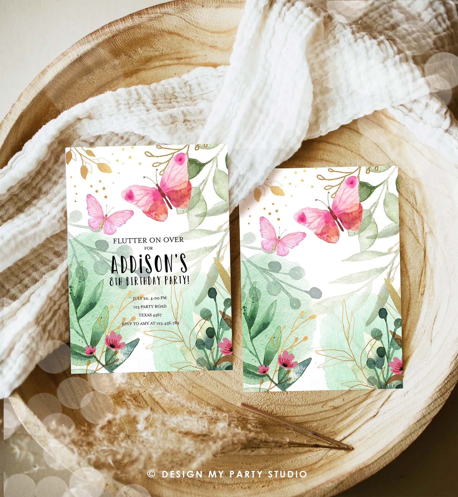 Editable Butterfly Birthday Invitation Butterfly Invitation Garden Floral Flowers Pink Gold Girl Digital Download Template Printable 0170